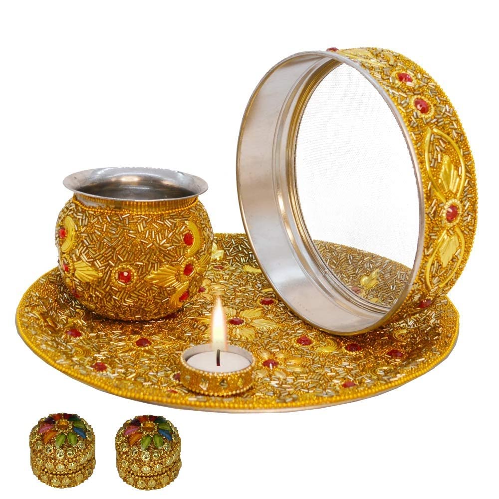 BRACOP Karwa Chauth Pooja Thali Set - 5-teiliges Messing Set Für Indische Feste