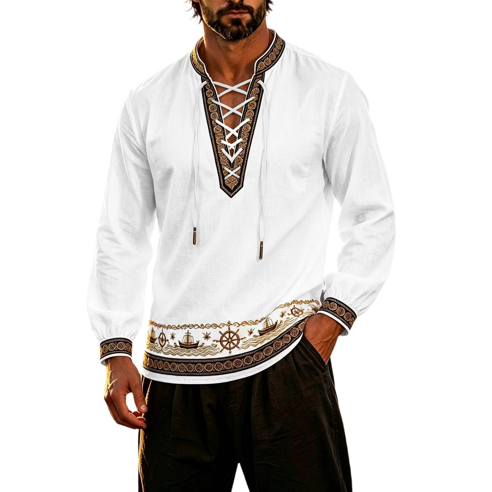 Classic Themed Men's Long Sleeve Shirt for Adventure Nautical Style Top with for Everyday Wear and Cosplay (i-White, XL) — image 1