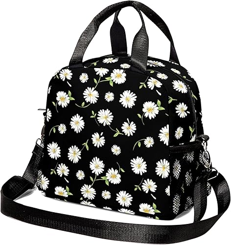 Lamtwbos White Daisy - Lonchera térmica para mujeres y niñas, impermeable, para escuela, trabajo, picnic, almuerzo, bolsa de mano con correa