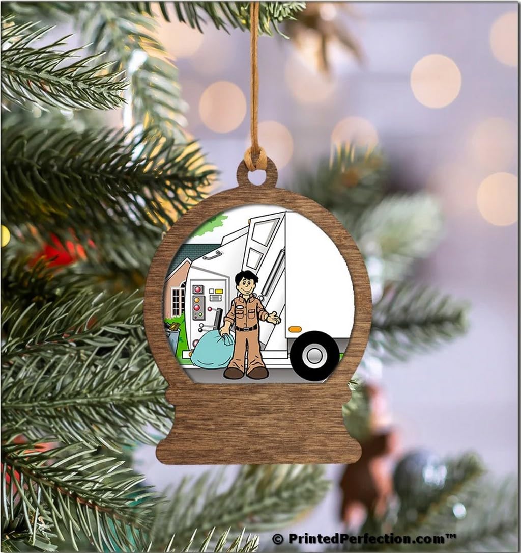 PrintedPerfection.com Personalized Trash Collector, Sanitation Engineer - Male Wooden Snow Globe Shaped Christmas Ornament