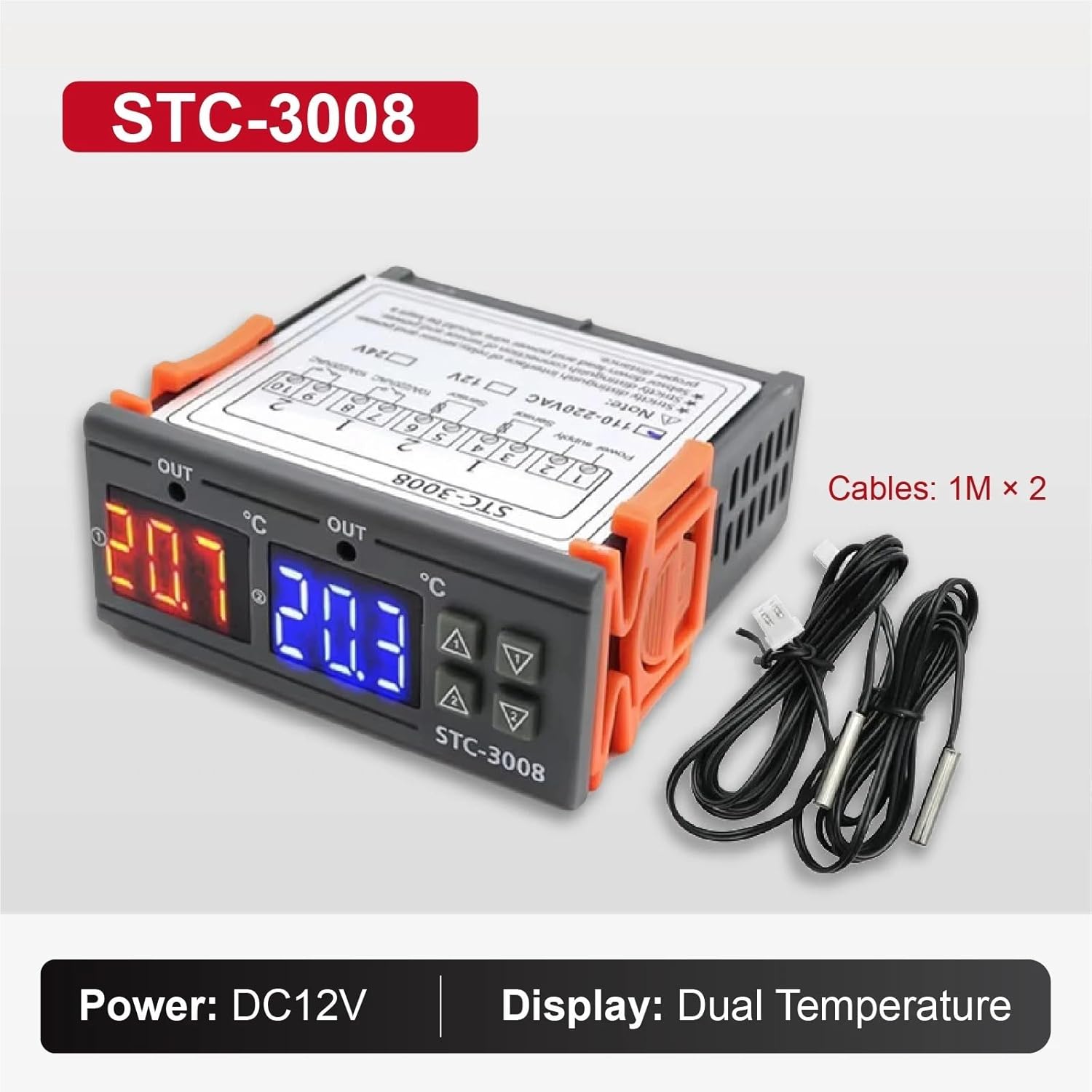 STC-3008/3028 Dual Display Digital Thermostat Temperature Humidity Controller 12V 24V 220V Dual Relay(STC-3008-12V)