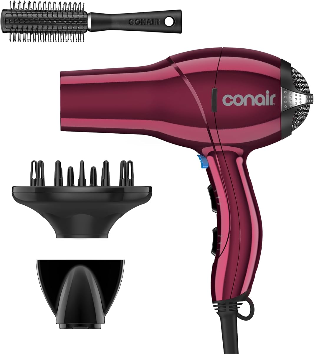 Secador de pelo con difusor, concentrador y cepillo redondo, borgoña | Secador de pelo de 1875 W para todo tipo de cabello, incluye 2 accesorios y un cepillo redondo para mayor volumen y textura definida