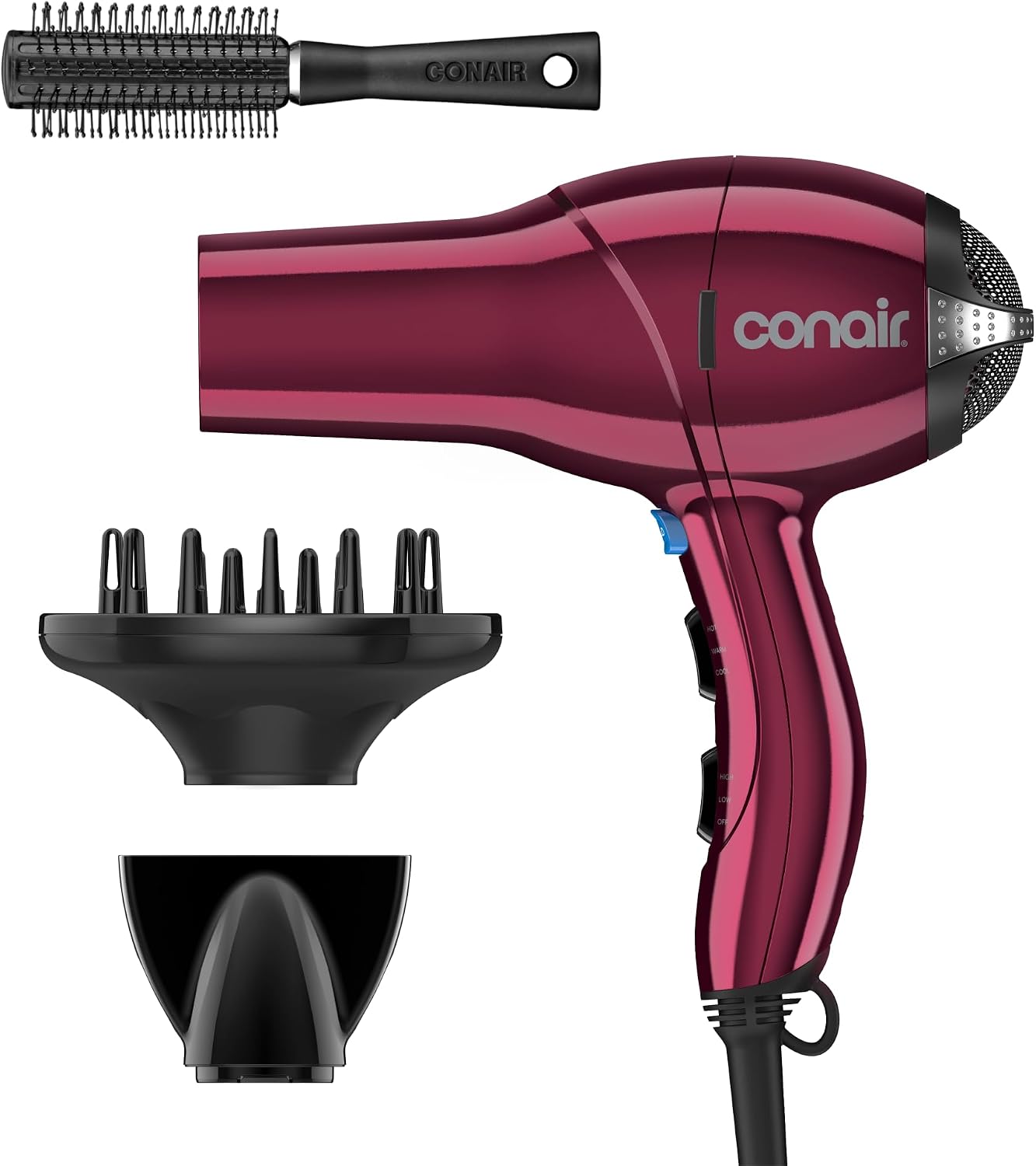  Hair Dryer with Diffuser, Concentrator & Round Brush, Burgundy