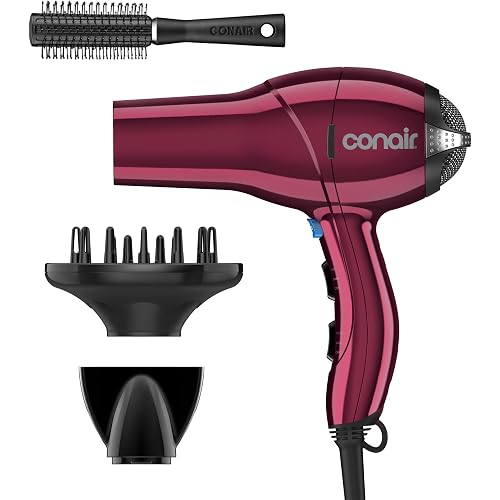 Conair Hair Dryer with Diffuser, Concentrator & Round Brush, Burgundy | 1875W blow dryer for all hair types, includes 2 attachments and a round brush for added volume and defined texture