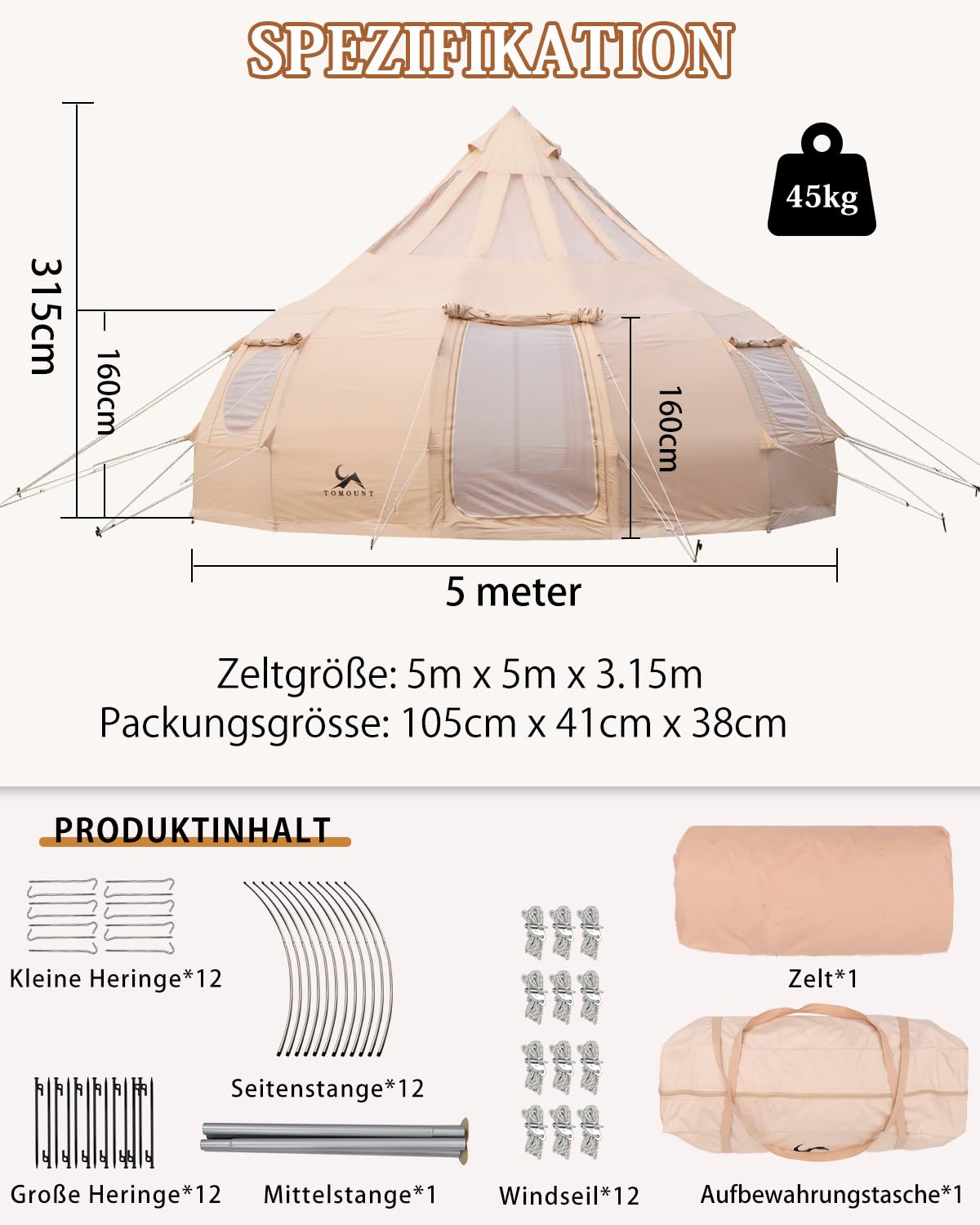 TOMOUNT Tipi Baumwolle Zelt 8 Personen Zwiebelzelt Große Familienzelt Canvas Pyramiden Jurtenzelt Glamping Wassertropfen-Zelt für Camping, Hiking, Festival, Parties, Musikfest, Hochzeit