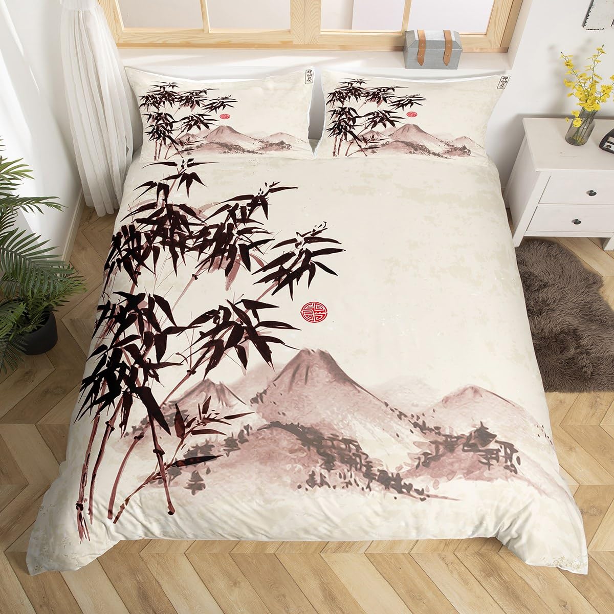 Housse de couette orientale japonaise Mont Fuji 2 personnes pour decoration de chambre zen