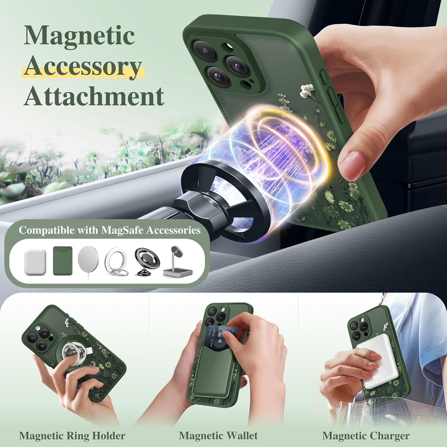 GVIEWIN for iPhone 16 Pro Case Compatible with MagSafe, [Military Grade Protection] [Screen Protector] Full Camera Protection Floral Translucent Women Magnetic Phone Case, Floratopia/Forest Green - Image 5