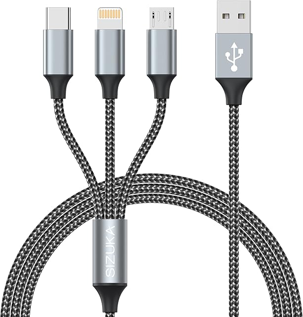 SIZUKA Charger Cable, Multi Charger Cable [1.2M] 3 in 1 Multiple USB Cable Nylon Braided with iPhone Micro USB Type C Cable Connector for iPhone, Android Samsung, Huawei, Nexus, Nokia,LG, Sony, PS4