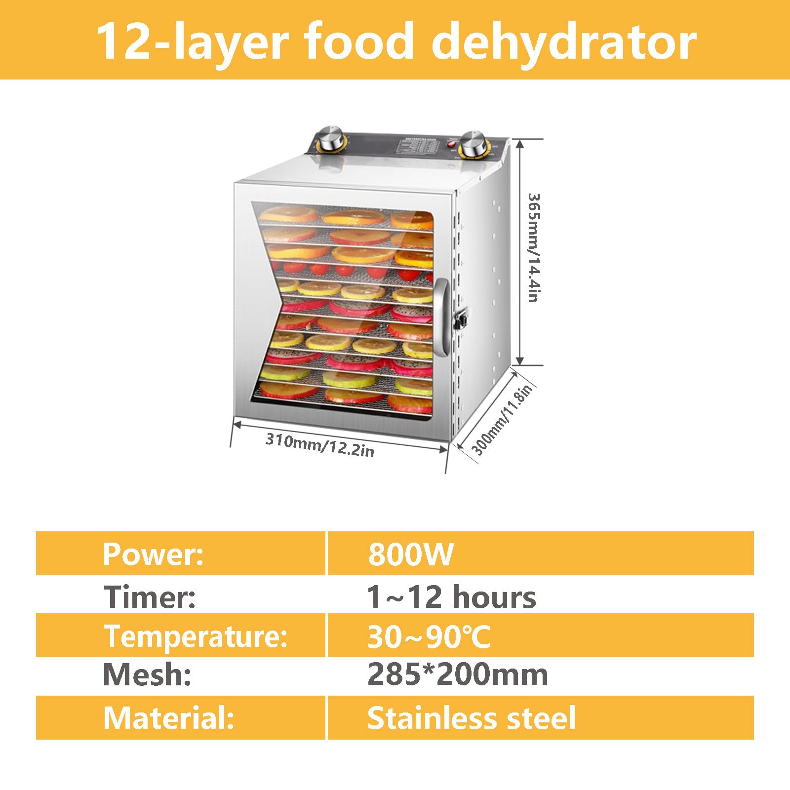 Essiccatore Alimentare, 6-18 Vassoi in Acciaio Inox, di Temperatura da 30 a 90℃, Funzione Timer Fino a 12 Ore, per Frutta, Jerky, Verdure, Carne, Erbe 12-Layer