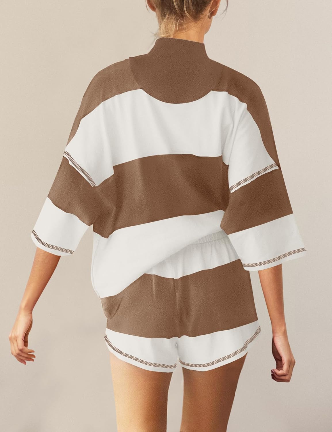 Panadila Women Striped Workout Set Two Piece Outfit Tracksuit Oversized Lounge Set Top and Shorts Sets with Pockets