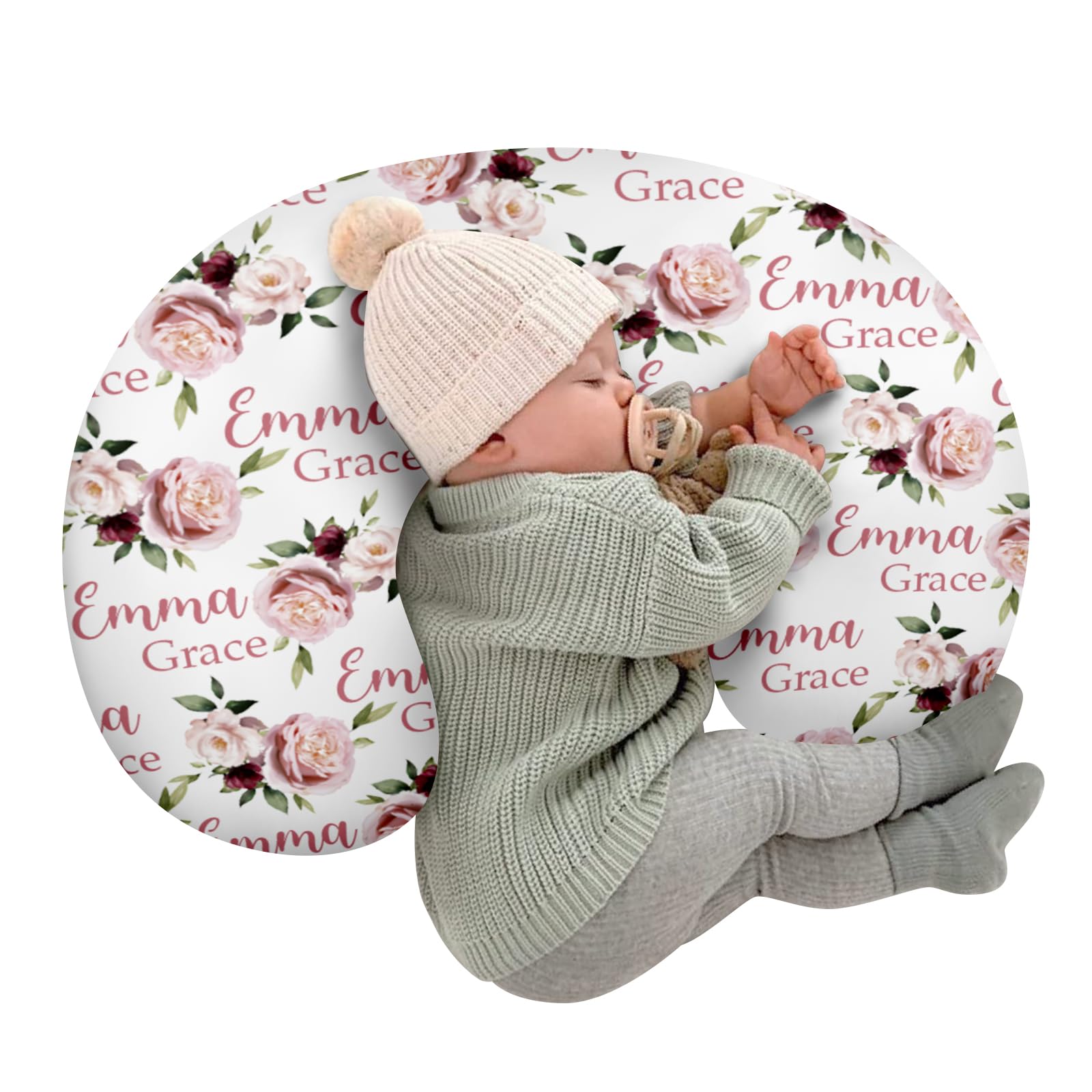 Customizable Flowers Baby Nursing Pillow Cover - Add Your Baby's Name, Ultra-Soft Stretch Fabric, Fits Standard Nursing Pillows, Ideal for Baby