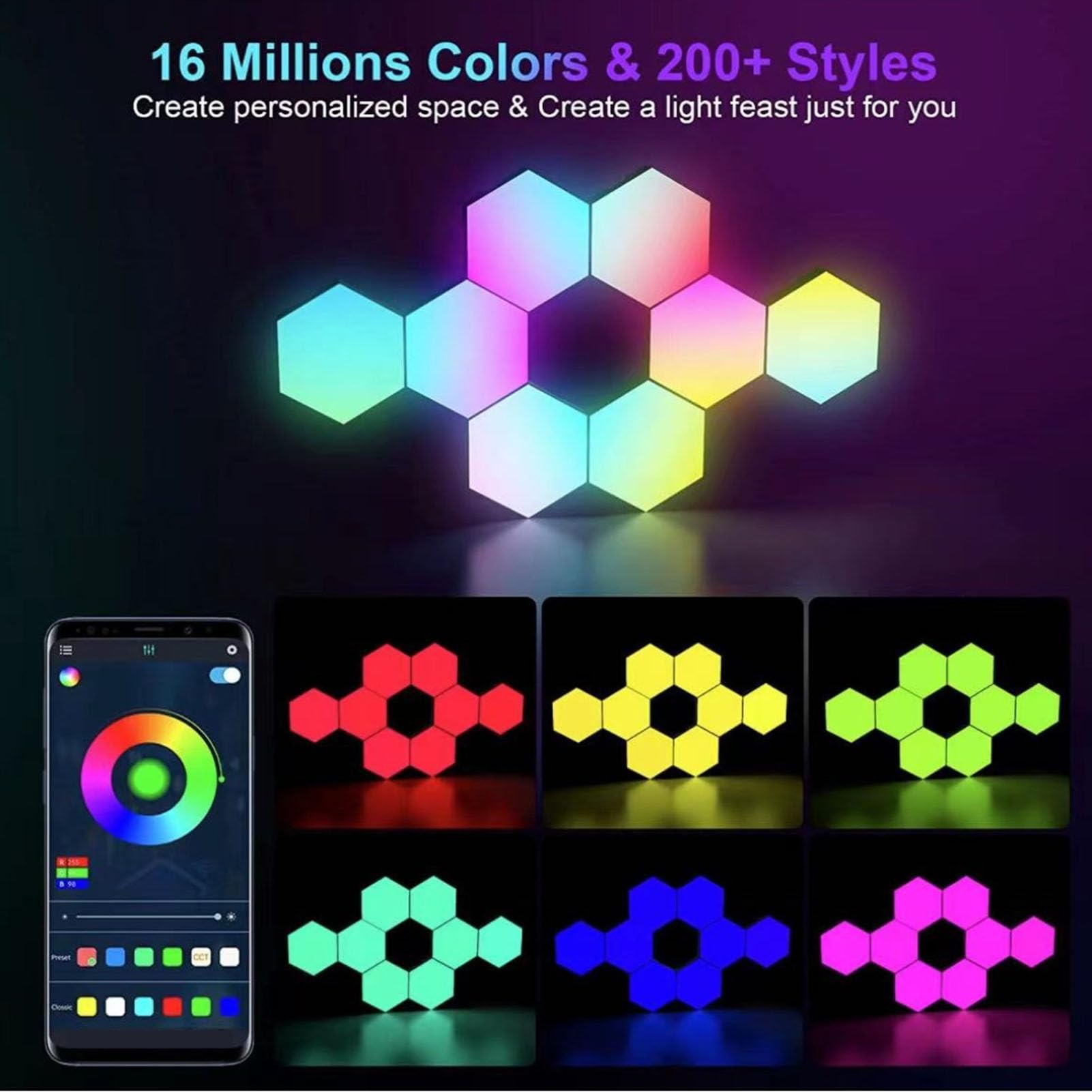 Bnineteenteam Paneles de Luz Hexagonales, 10 Juegos de Luces LED Hexagonales RGB Montadas en la Pared Método de Control Triple Panel de Luz Hexagonal para Juegos Cool Music Sync APP Control