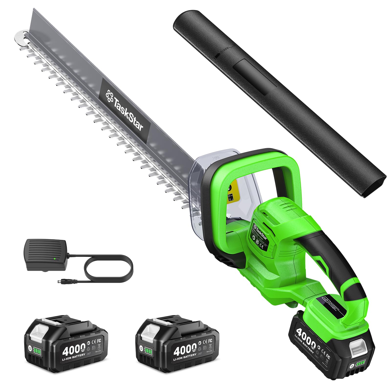 TaskStar 22" Hedge Trimmer Cordless: 20V Electric Bush Trimmer with Debris Remover, 2x4.0Ah Rechargeable Battery, Dual-Action SK5 Blade, All-Around Trimming Shrub Hedge Clippers for Garden Yard