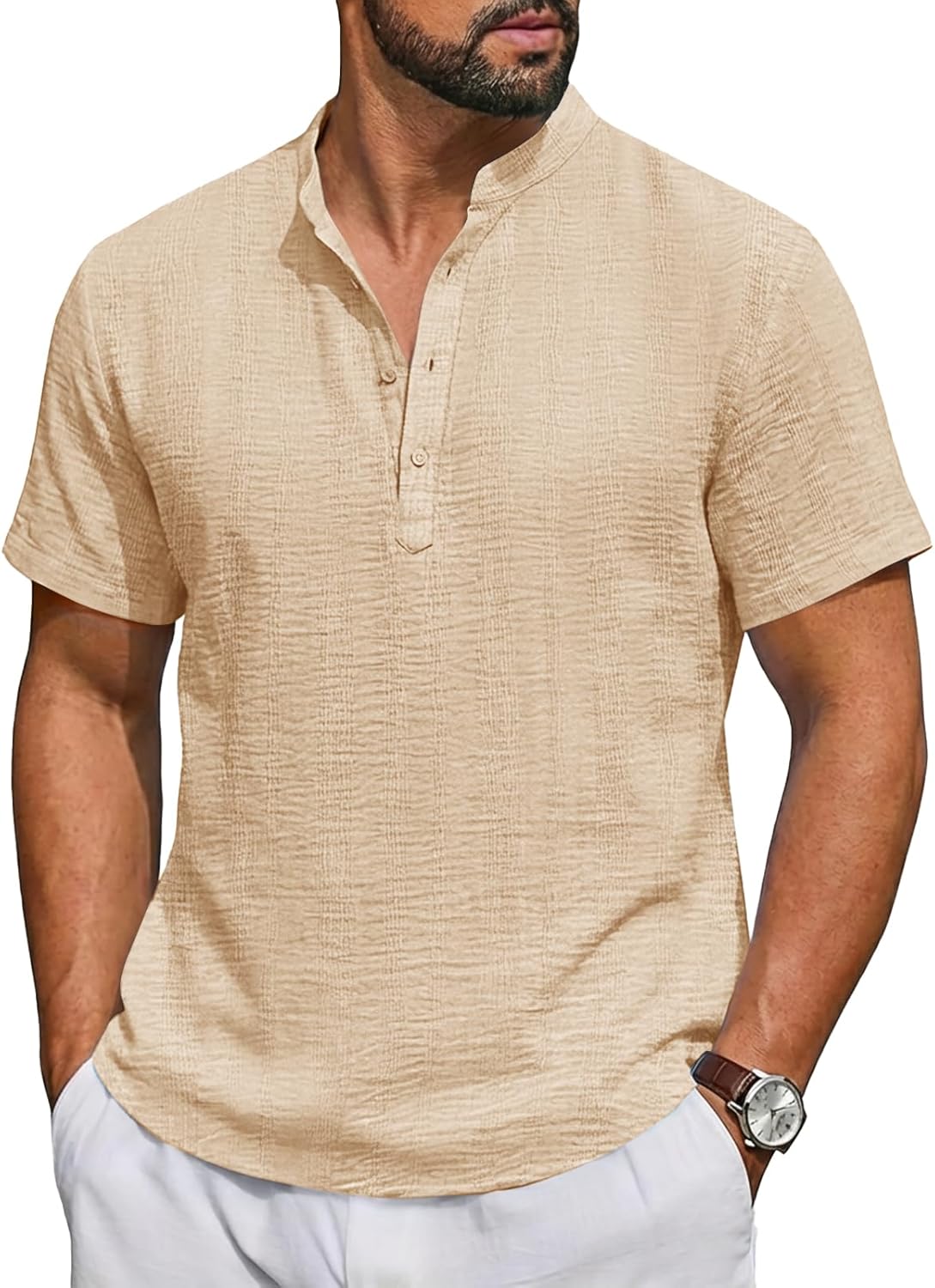 Runcati Mens Casual Henley Shirt Short Sleeve Band Collar Textured Shirts Summer Beach Hippie T-Shirts