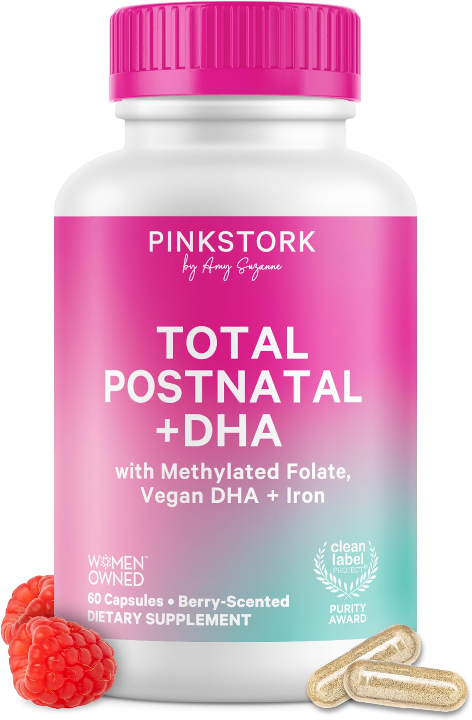 Total Postnatal Vitamins for Women | Vegan DHA, Iron, Folate, B12 | Postpartum Recovery Essentials | Lactation Support for Breastfeeding Moms | Clean Label Award Winner- 60 Capsules, Berry