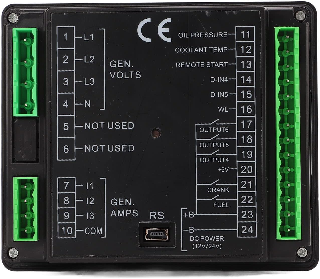 Back view of the Eujgoov DCP 10 Generator Controller Module with wiring diagram
