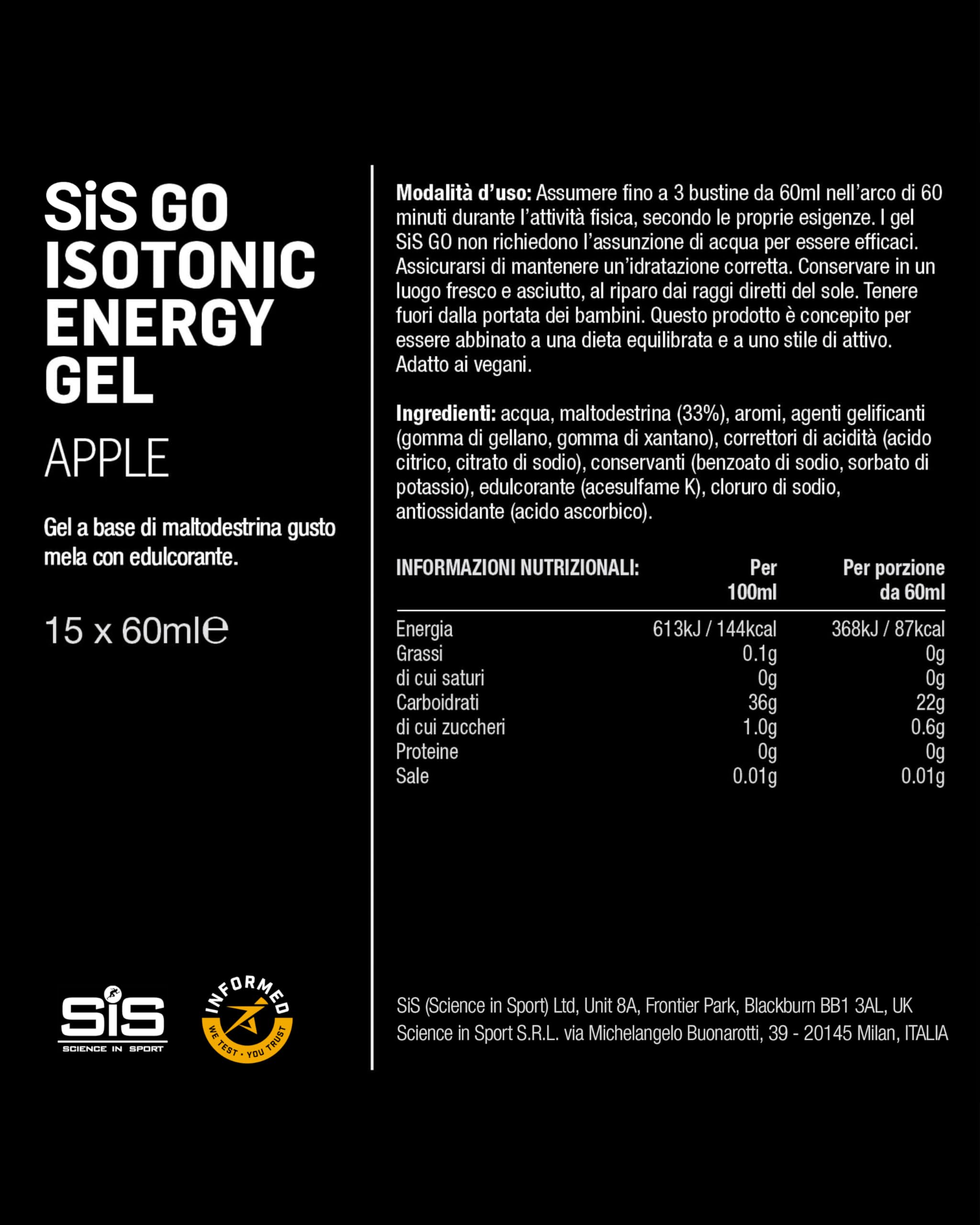 Science in Sport GO Isotonic Energy Gel 15 x 60ml Mela, Vegano - Gel energetico con 22g di carboidrati, A basso contenuto di zuccheri, Alternativa ideale alle bevande isotomiche