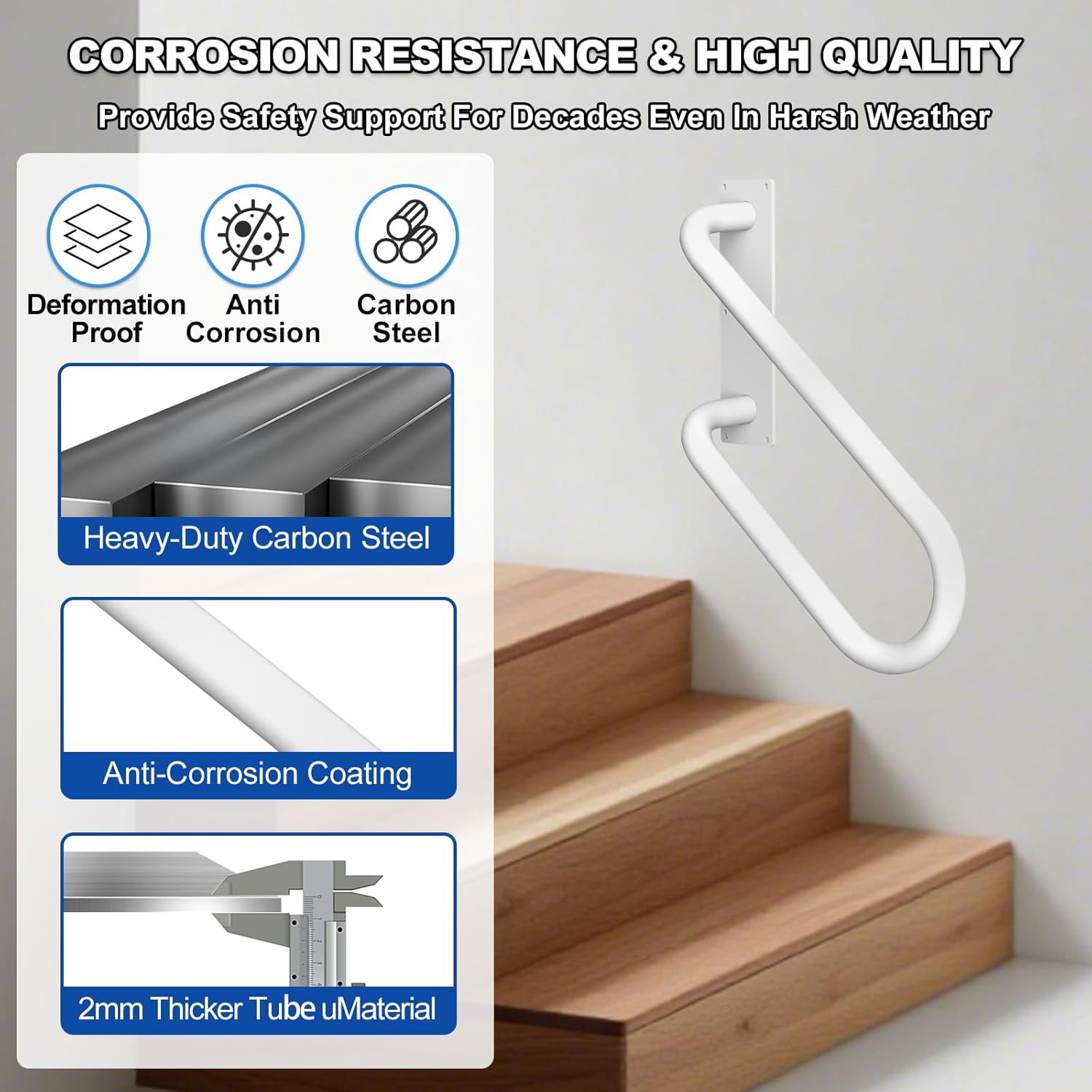 Jamb Mount Handrails for Outdoor Steps-1-3 Step Waterproof Stairs Railing-Powder Coated Side Mount Hand Rails for Indoor Stairs-Non-Slip Staircase Grab Rail for Deck/Porch/Mobile Home/Short Stairway Right Side-White