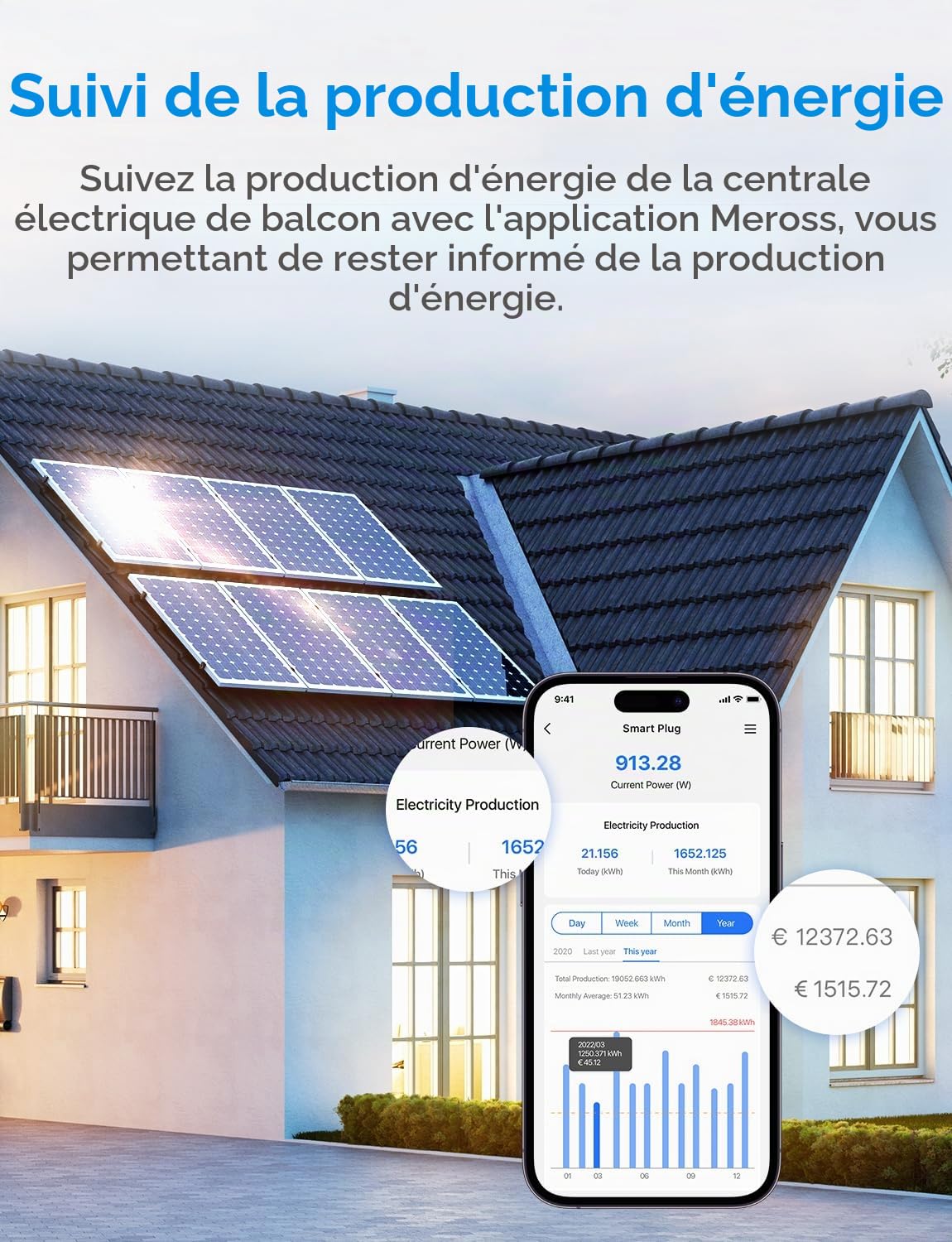 Meross Prise Connectée Wifi (Type F) avec Mesure de Consommation d'Énergie | Prise Intelligente pour Panneau Photovoltaïque, Compatible avec Alexa et Google Home, Configuration Bluetooth, 16A, 4 Pièces