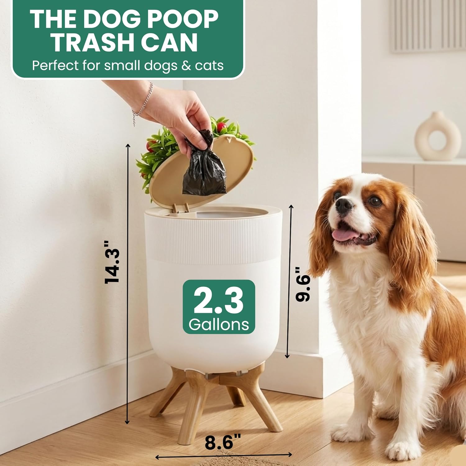 Small Bathroom Trash Can with Plant Style Lid, 1.8 Gallon, White, Small Bathroom Garbage Can, Decorative Wastebasket for Bedroom, Office, and Bathrooms, Trash Bin That Looks Like a Plant