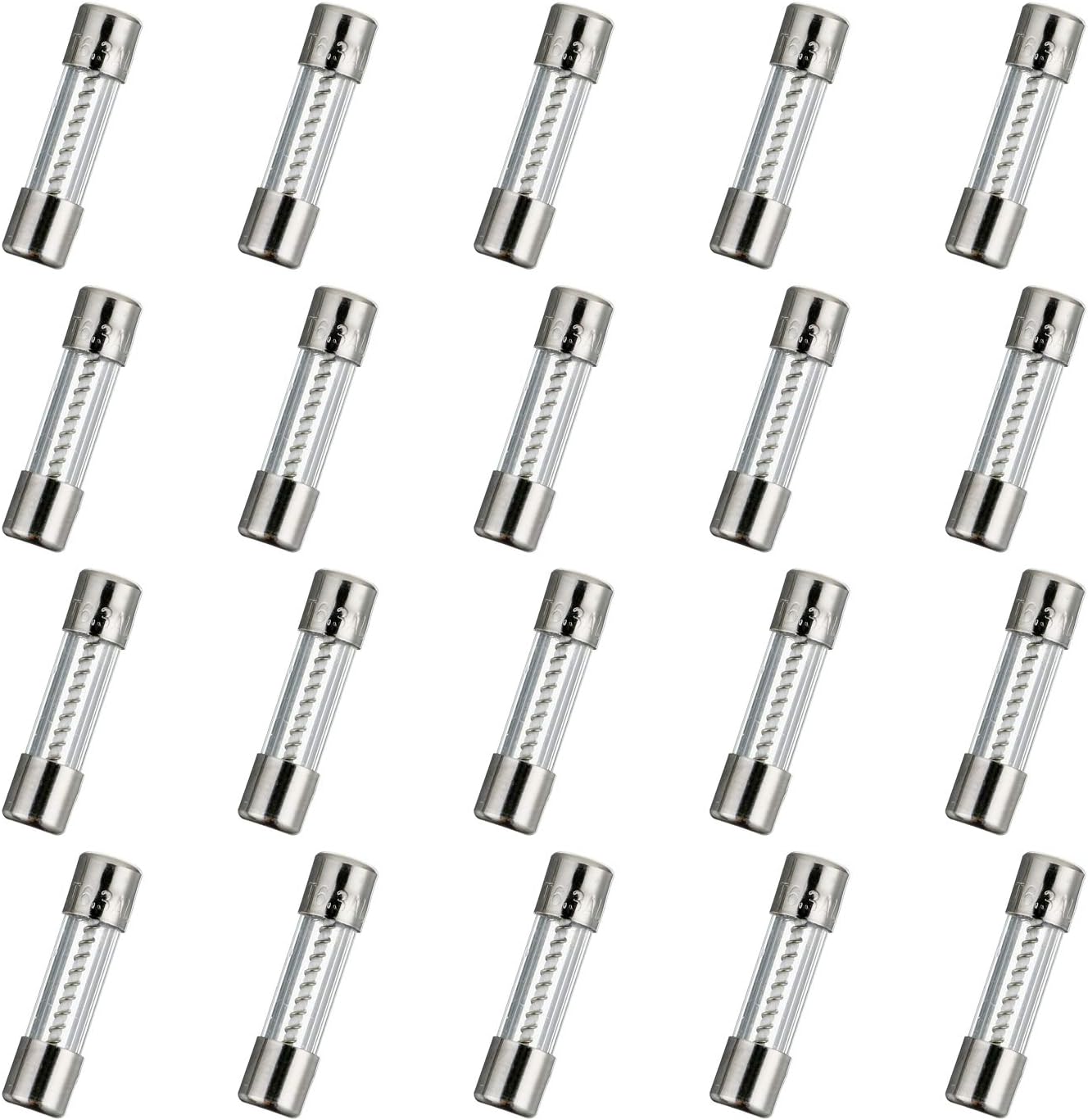 HUAREW T6.3AL250V 20 Pcs 5x20mm Slow Blow Glass Fuse 6.3A 250V 0.2 x 0.78 inch time delay Fuse