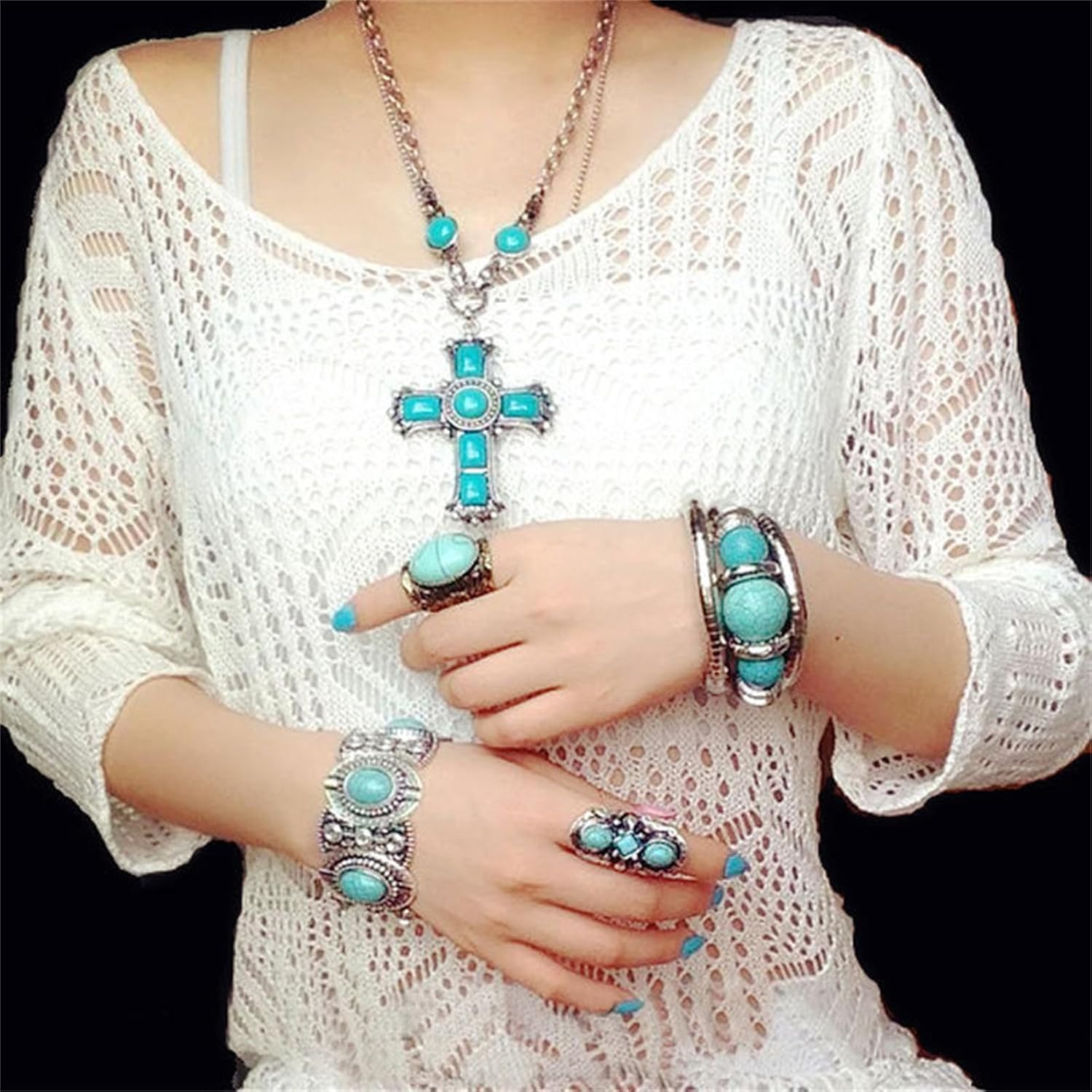 Turquoise Cross Necklace for Women Men Handmade Bohemian Healing Stone Necklace Good Luck Silver Pendant Necklaces Vintage Country Western Ethnic Jewelry - Image 4