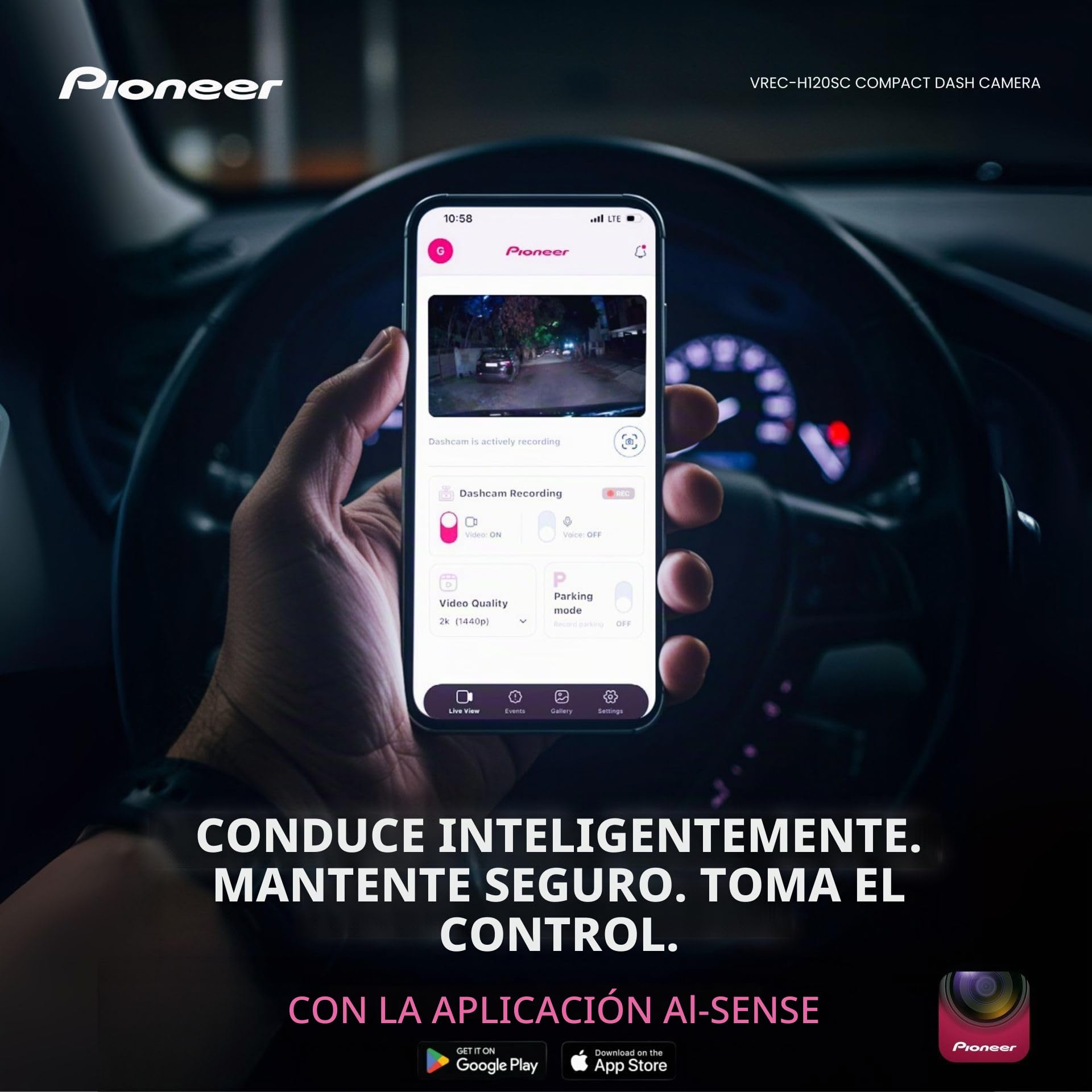 Pioneer VREC-H120SC Dashcam: cámara Frontal única con resolución de 1.5K, Gran Angular de 120°, función Wi-Fi, Sensor G y aplicación Pioneer ai.Sense