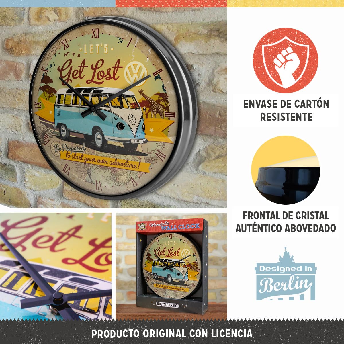 Nostalgic-Art Reloj de Pared Retro, Ø 31 cm, VW Bulli – Let's Get Lost | original Volkswagen license product (OLP), reloj analógico, diseño vintage, Idea de regalo para fans de VW Bus