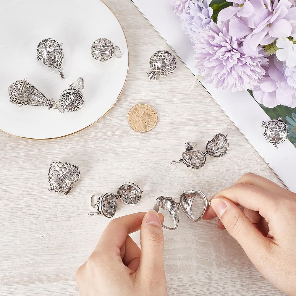SUNNYCLUE 1 Box 10PCS Silver Crystal Cage Charms Locket Pendants Bulk Metal Brass Diffuser Hollow Chime Ball Openable Healing Stone Holder Charms for Jewelry Making Charms Women DIY Necklaces Crafts