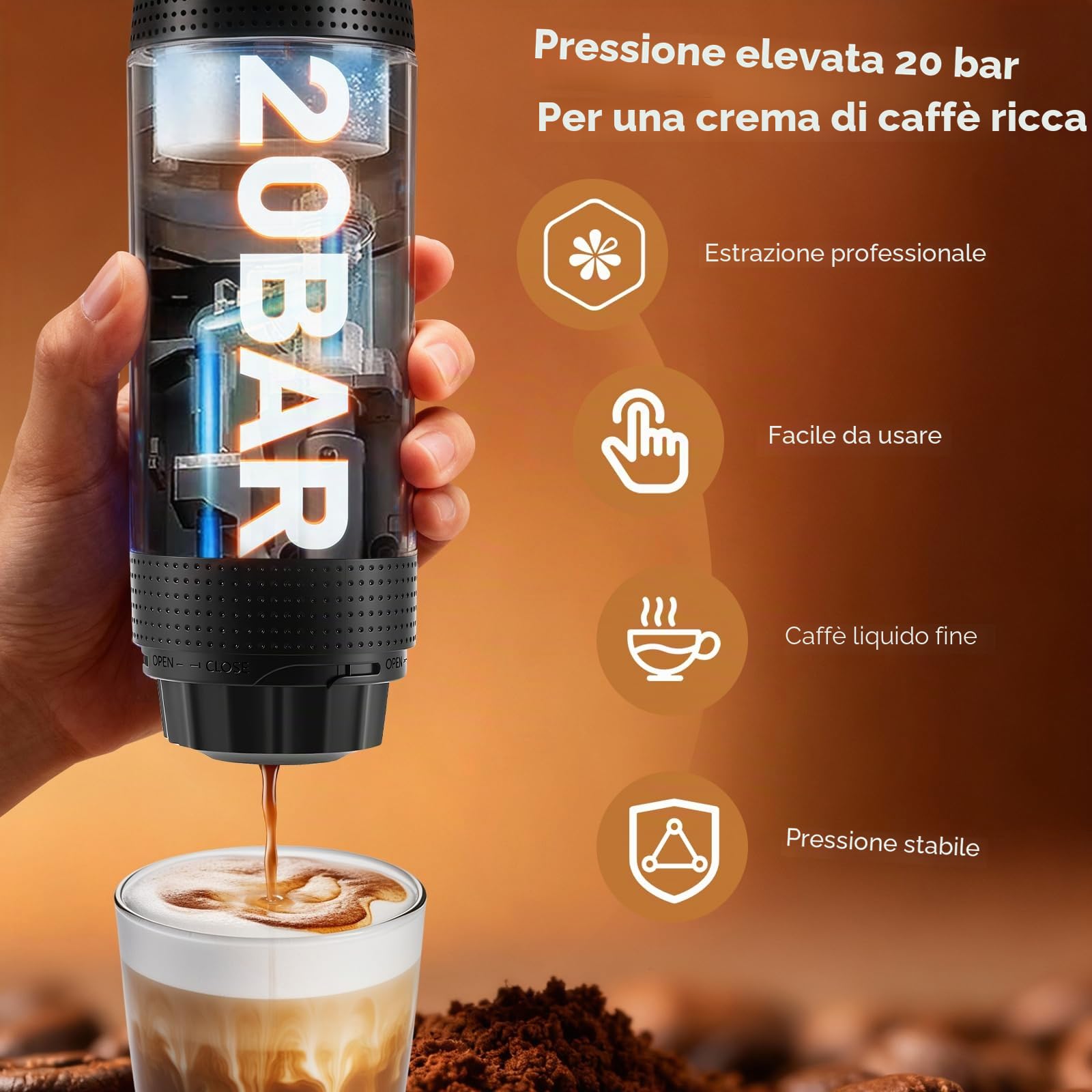 Macchina da caffè portatile 3 in 1 con batteria ricaricabile e auto-riscaldamento USB-C, compatibile con capsule e caffè macinato, mini espresso portatile per campeggio, viaggio, auto, grigio