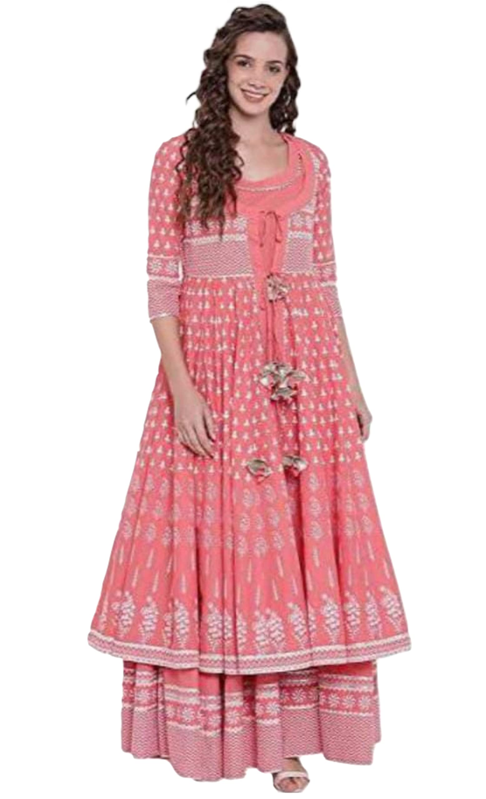 Traditional Jaipur Gorgeous Rayon Long Gown Kurti with Shrug Festive Party Wear Dress (Large)