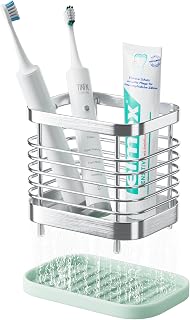 Tooth Brush Holder for Bathroom, Stainless Steel Shower Electric Toothbrush Holder Organizer Storage Cup with Tray, Kids Toothpaste Sink Caddy Stand, Silver Bathroom Countertop Accessories Decor