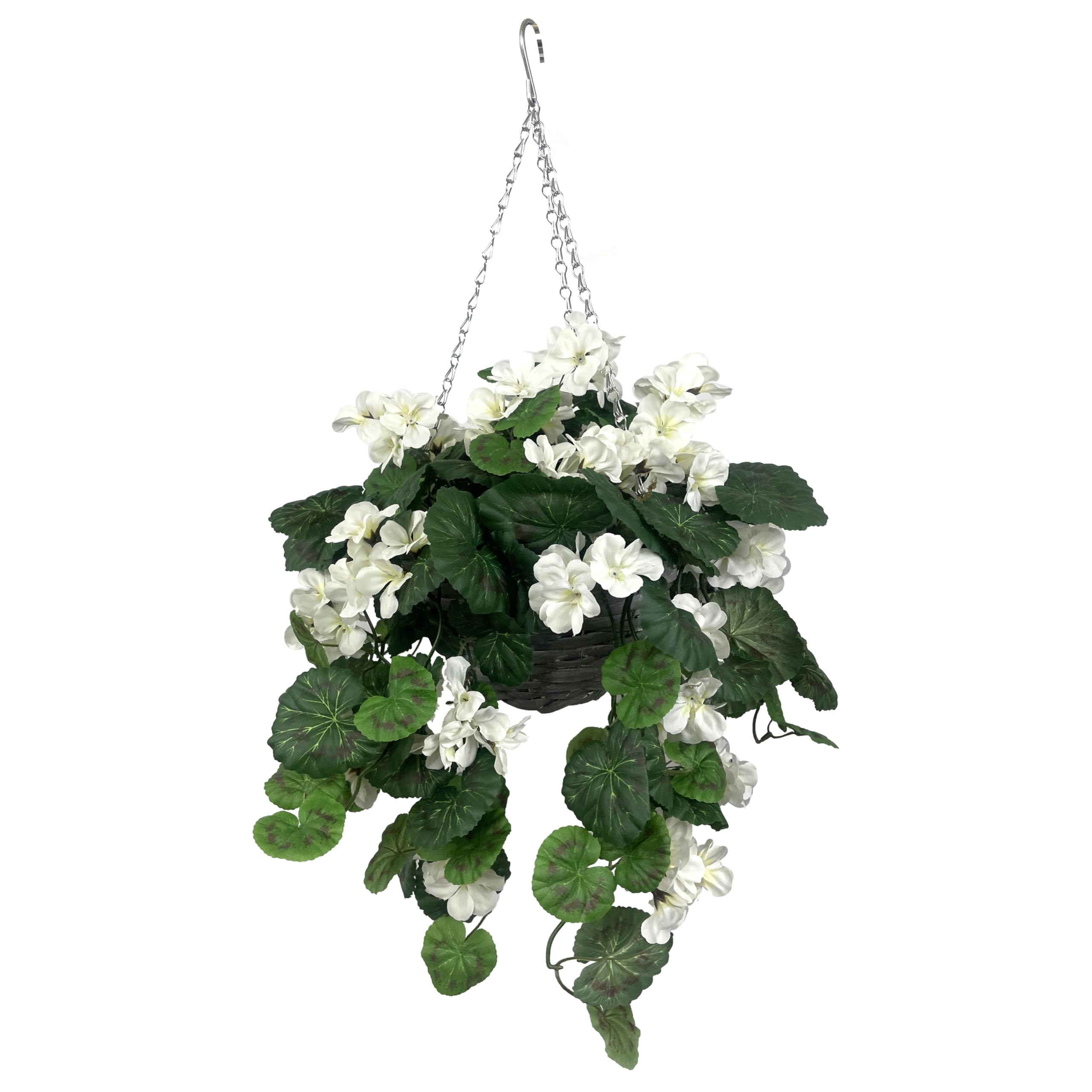 GreenBrokers Artificial White Geranium Grey Rattan Hanging Basket with Vine (25cm)