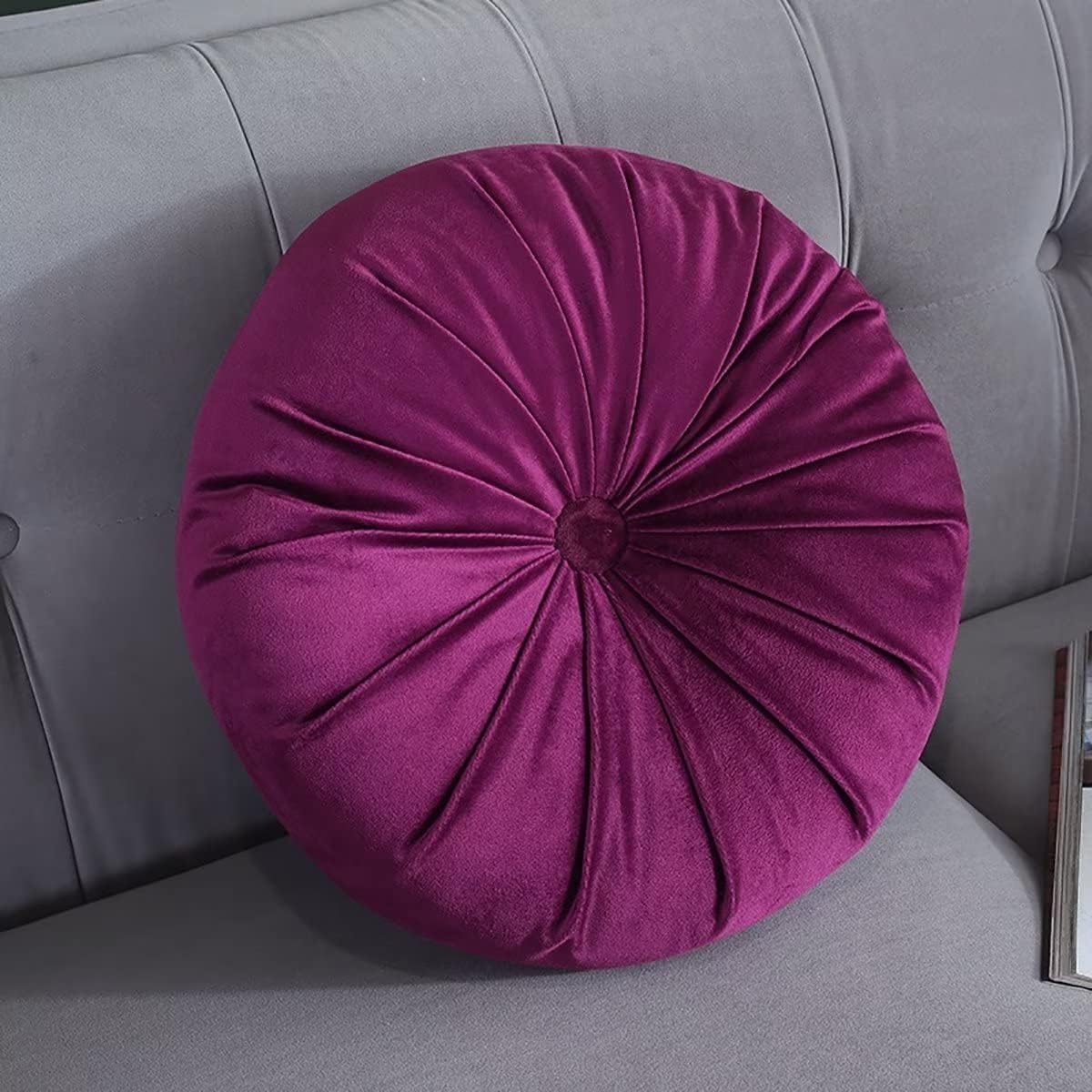 GOUTO 15” Round Throw Pillow Velvet Pleated Round Decorative Pillows Cushion Vintage Solid Color Chair Floor Pillow for Couch Bed Home Decor (Plum)