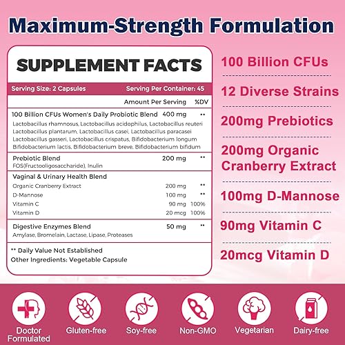 Miniatura 6 de ZEBORA Probióticos vaginales para mujeres 100 mil millones de UFC, probióticos para la salud digestiva y equilibrio del pH vaginal y salud del