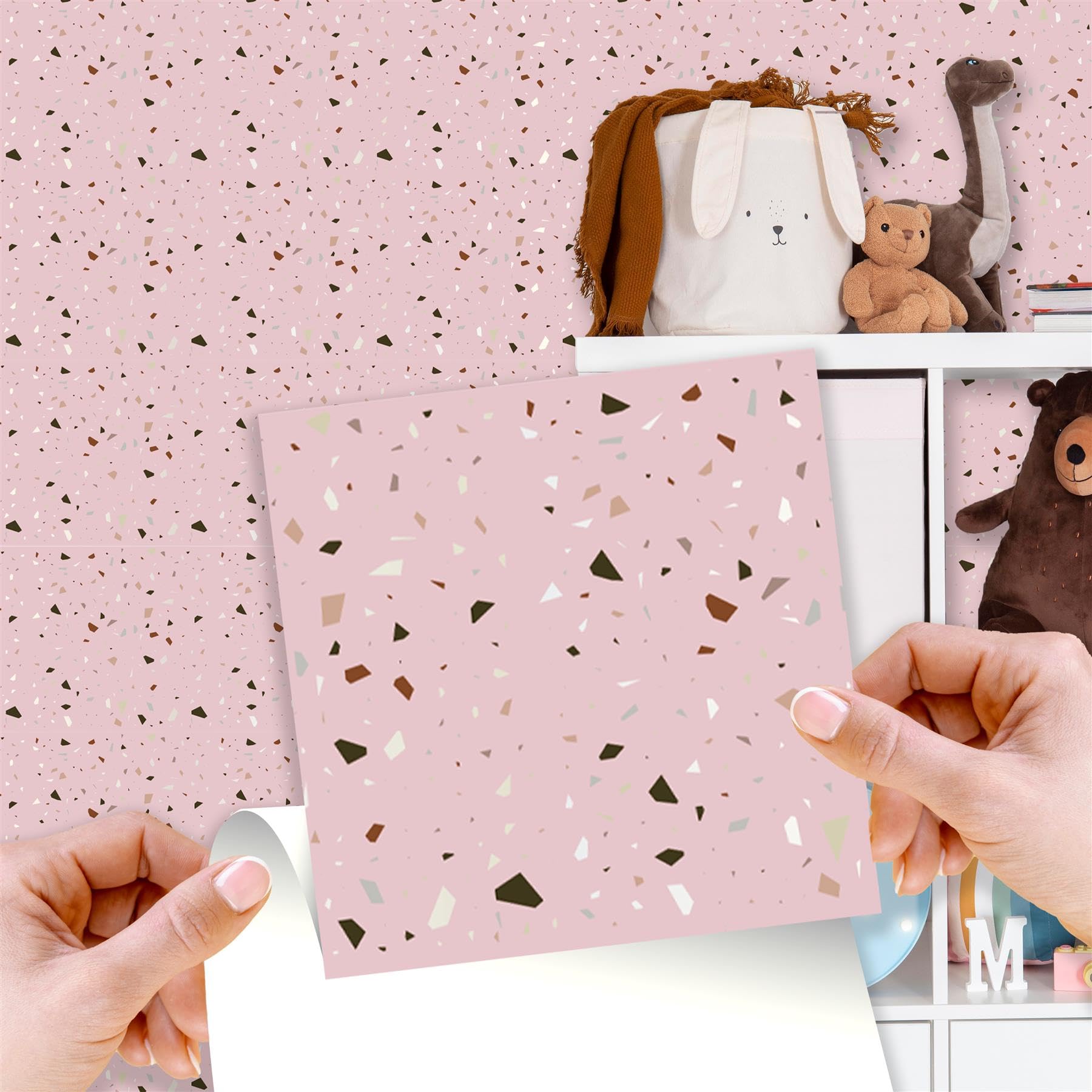 WALPLUS 24 PCS 15cm (6") Rose Pink & Metallic Silver Terrazzo Tile Stickers – Peel and Stick Self-Adhesive Wall Tiles for Kitchen Backsplash, Bathroom, and DIY Tile Makeover