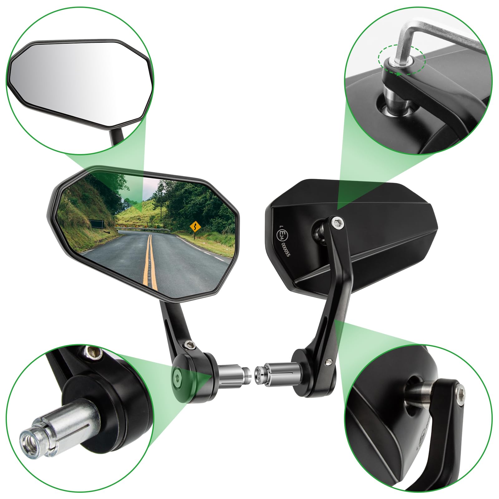 Rétroviseurs Latéraux de Moto E-mark Homologué, 1 Pair Rétroviseurs Moto Universels avec Embouts de Guidon Universel pour Scooter ATV Motos Quad