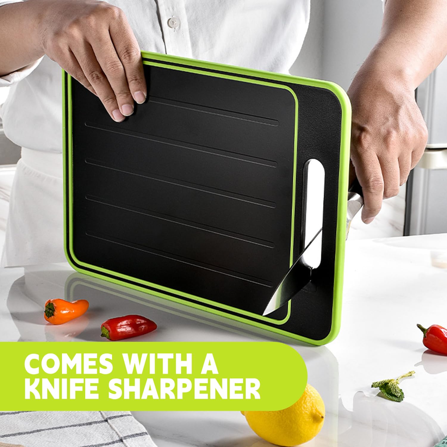 Tabla de cortar de doble cara, 2 tablas de verduras con piedra de afilar, tamaño grande + tamaño pequeño, acero inoxidable de grado alimenticio y material de polipropileno de paja de trigo, ecológica