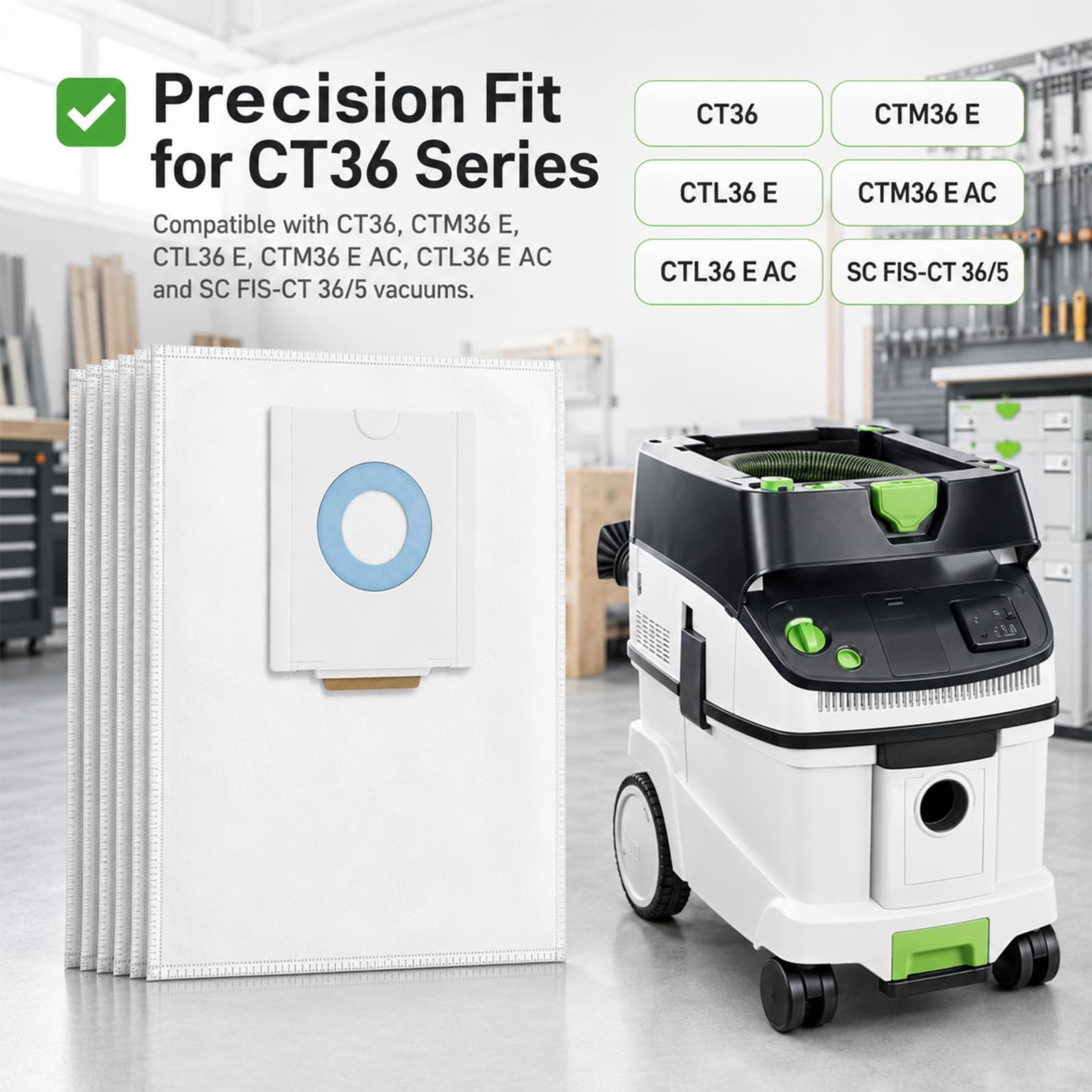 10 Stück Filterbeutel für Festool CT 36 CTM 36 E/CTL 36 E Staubabsaugung | 496186 Staubsaugerbeutel Selfclean Filtertüten mit 5-lagiger Filtration, großes Fassungsvermögen, 64 x 80 cm