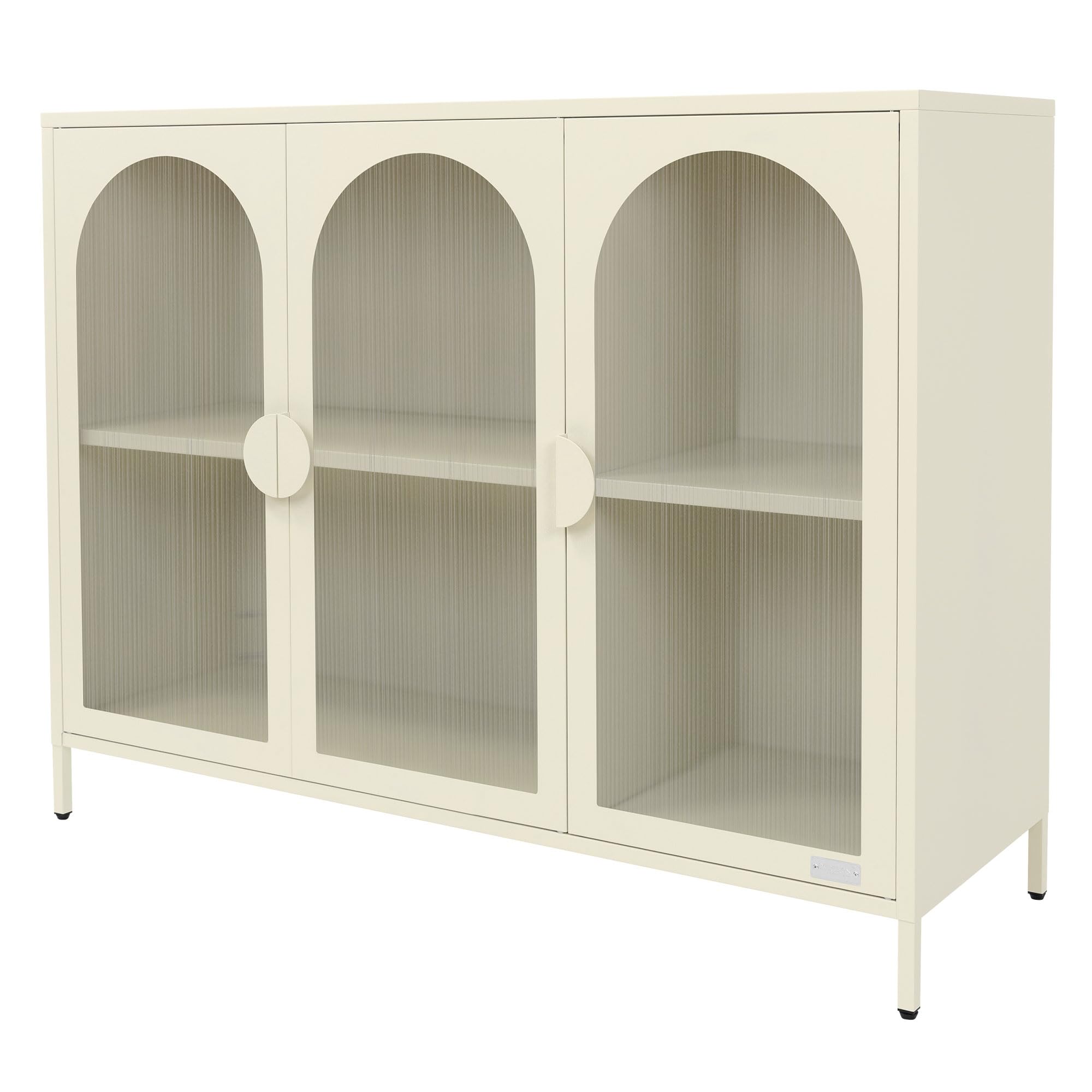 ML-Design Vitrinenschrank 120x93x40 cm aus Stahl, Creme, Sideboard mit 4 Ablage-/Regalfächer & 3 Türen, Metall Kommode mit verstellbaren Füßen, Vitrine, Highboard, Aufbewahrungsschrank für Wohnzimmer