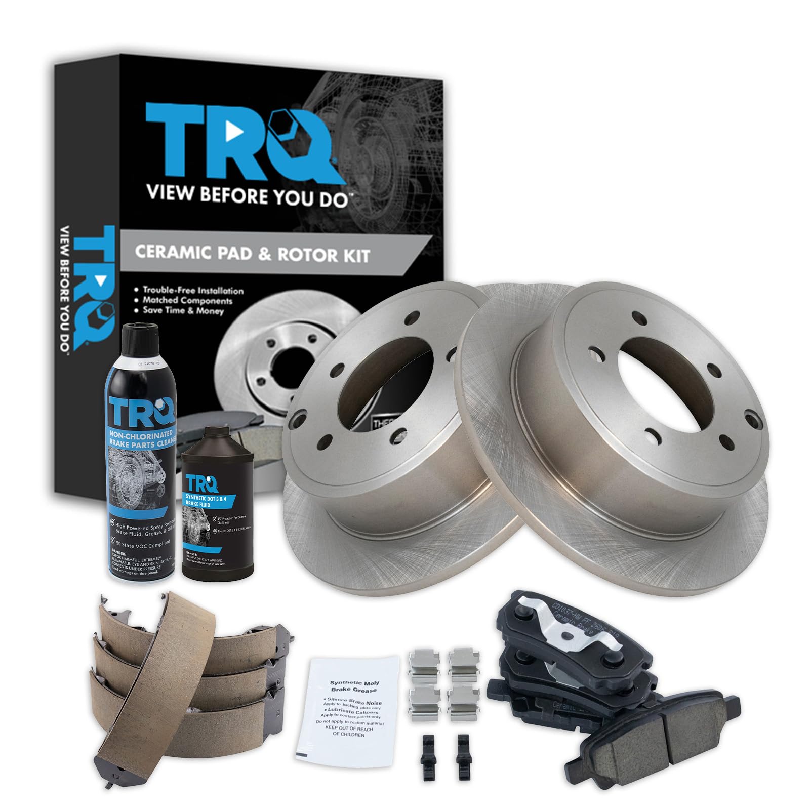 TRQ Rear Brake Pad &amp; Rotor Kit, with Chemical Kit Parking Brake Shoe Set Ceramic Compatible with 2014 Dodge Avenger