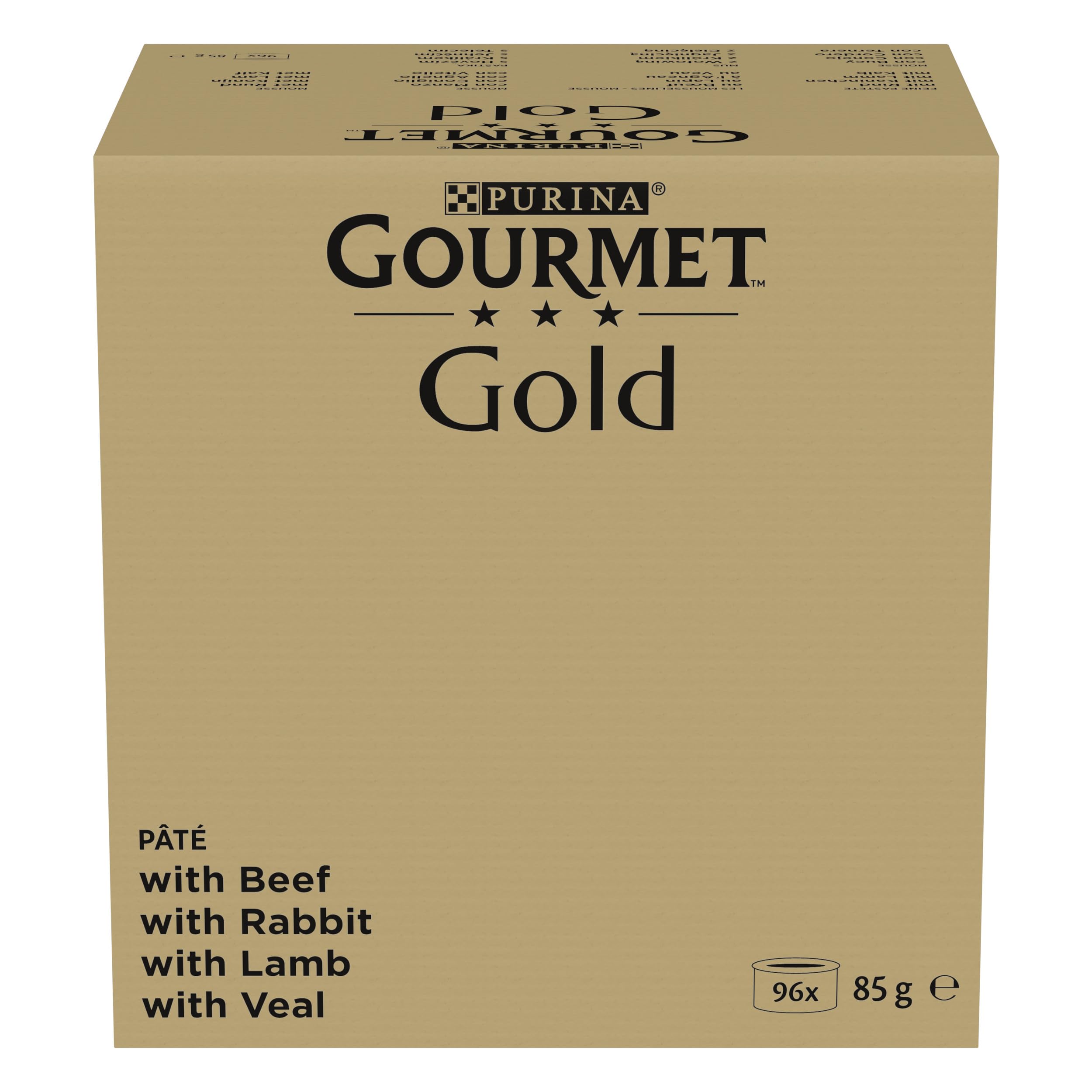 Gourmet Gold Feine Pastete, Katzenfutter nass, mitKaninchen, Rind, Kalb, Lamm, 12er Pack (12 x 4à 85g)