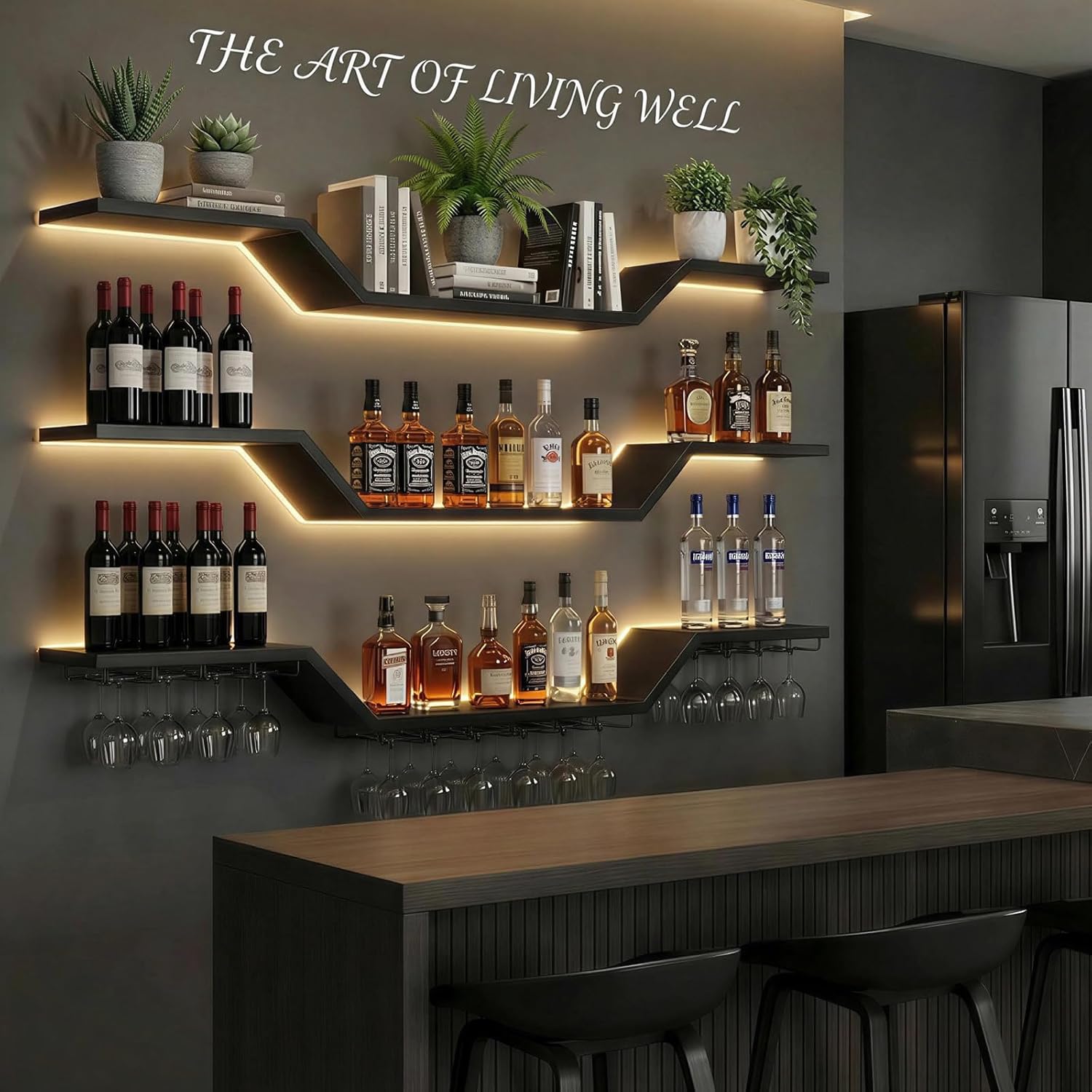 70.9-inch/180cm Metal Wall Mount Wine Rack, 3-tiers Modern Wall Bar Shelf with Wine Glass Rack, Floating Liquor Shelf with LED Lights, Bottle Display Wine Storage Shelves for Home Bar Coffee Shop