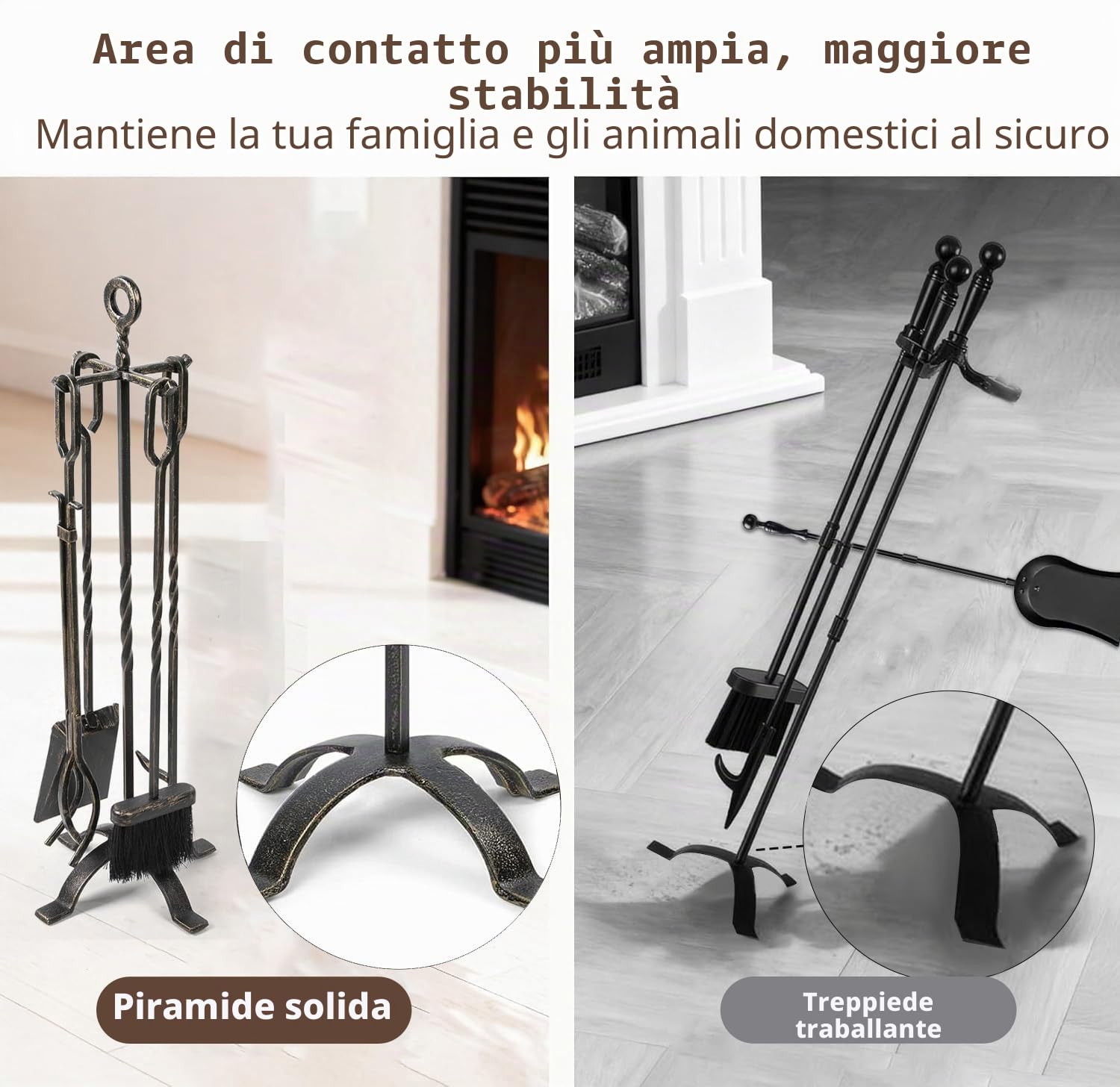 Amagabeli Set di 5 Attrezzi per Camino Set da Camino in Ferro battuto con pinze da Poker Porta Scopa e Pala Utensili da Fuoco Accessorio Rustico da Esterno Oro Nero