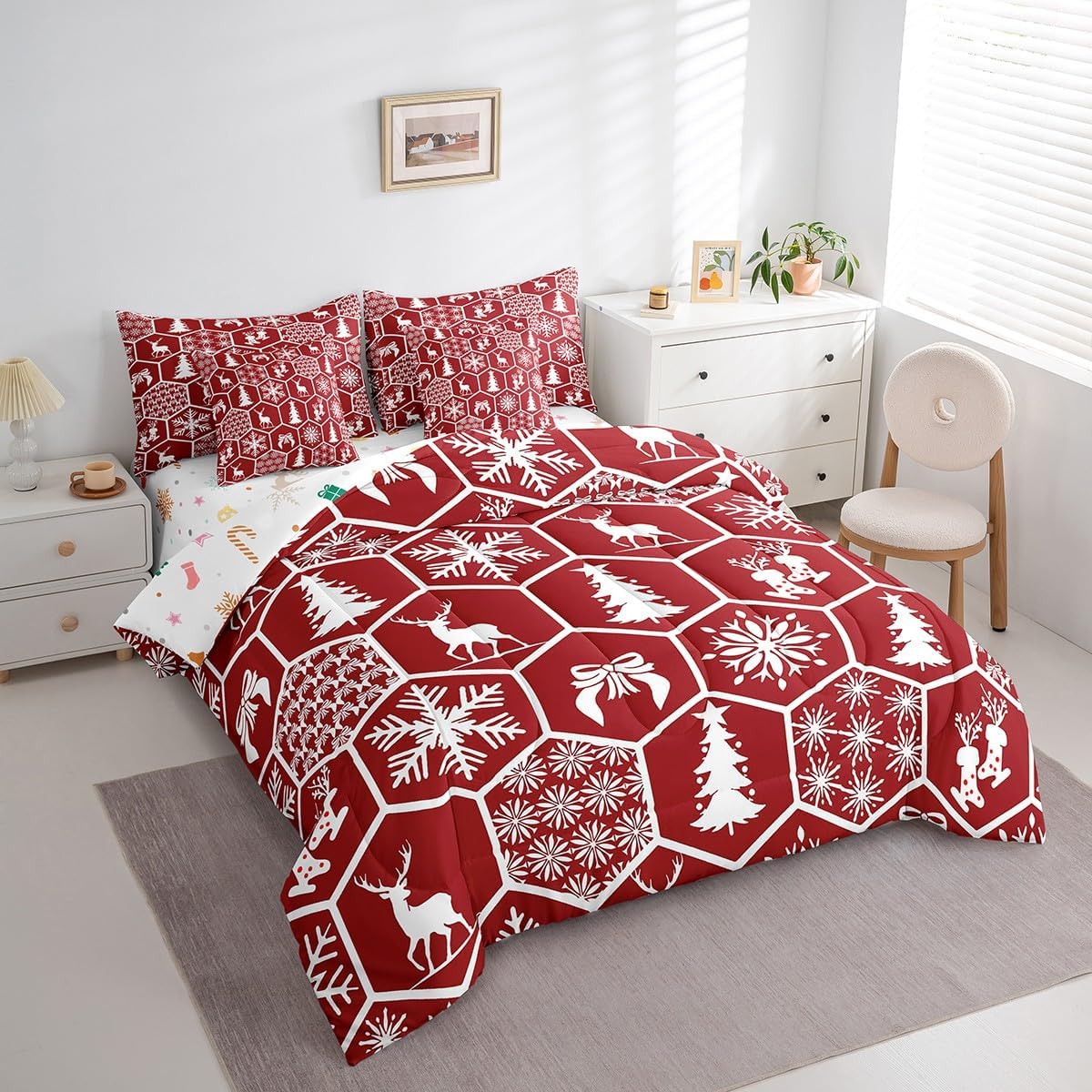 Erosebridal Red Christmas Bedding Set Full,Hexagon Patchwork Comforter Set 7 Pcs,Christmas Tree Snowflakes Bed in a Bag,Deer Wild Animals Xmas Socks Sheet Set Christmas Ornaments