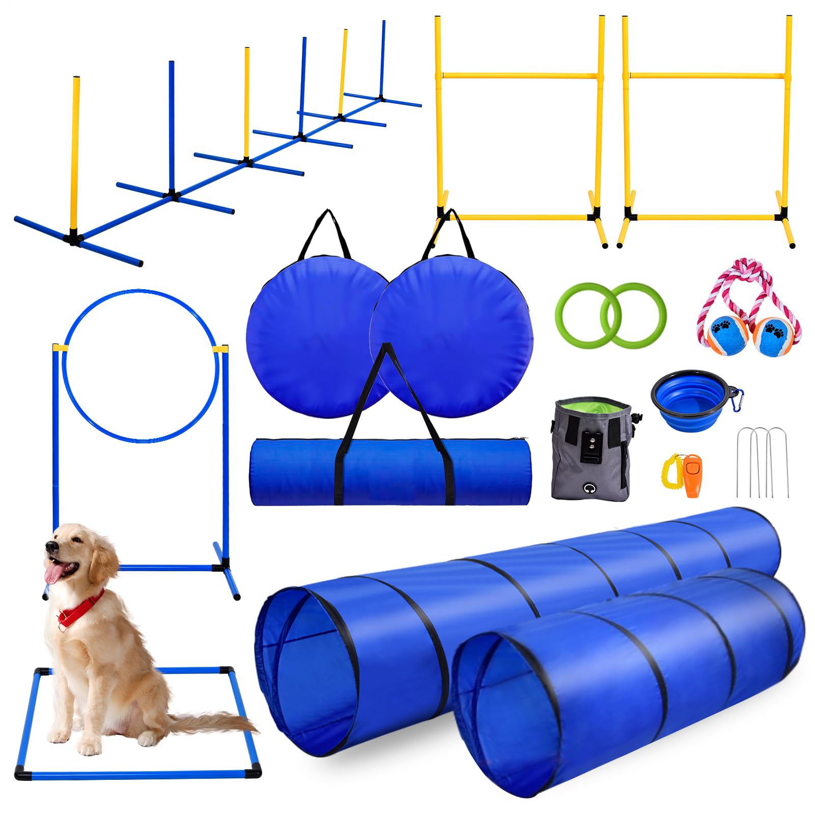 Dog Agility Training Equipment, Dog Agility Course Backyard Set with 2 Adjustable High Hurdle, 2 Tunnels, 6 Weave Poles, Pause Box, Jump Ring, Snack Bag, Folding Bowl, Balls, Whistle, Carry Bag