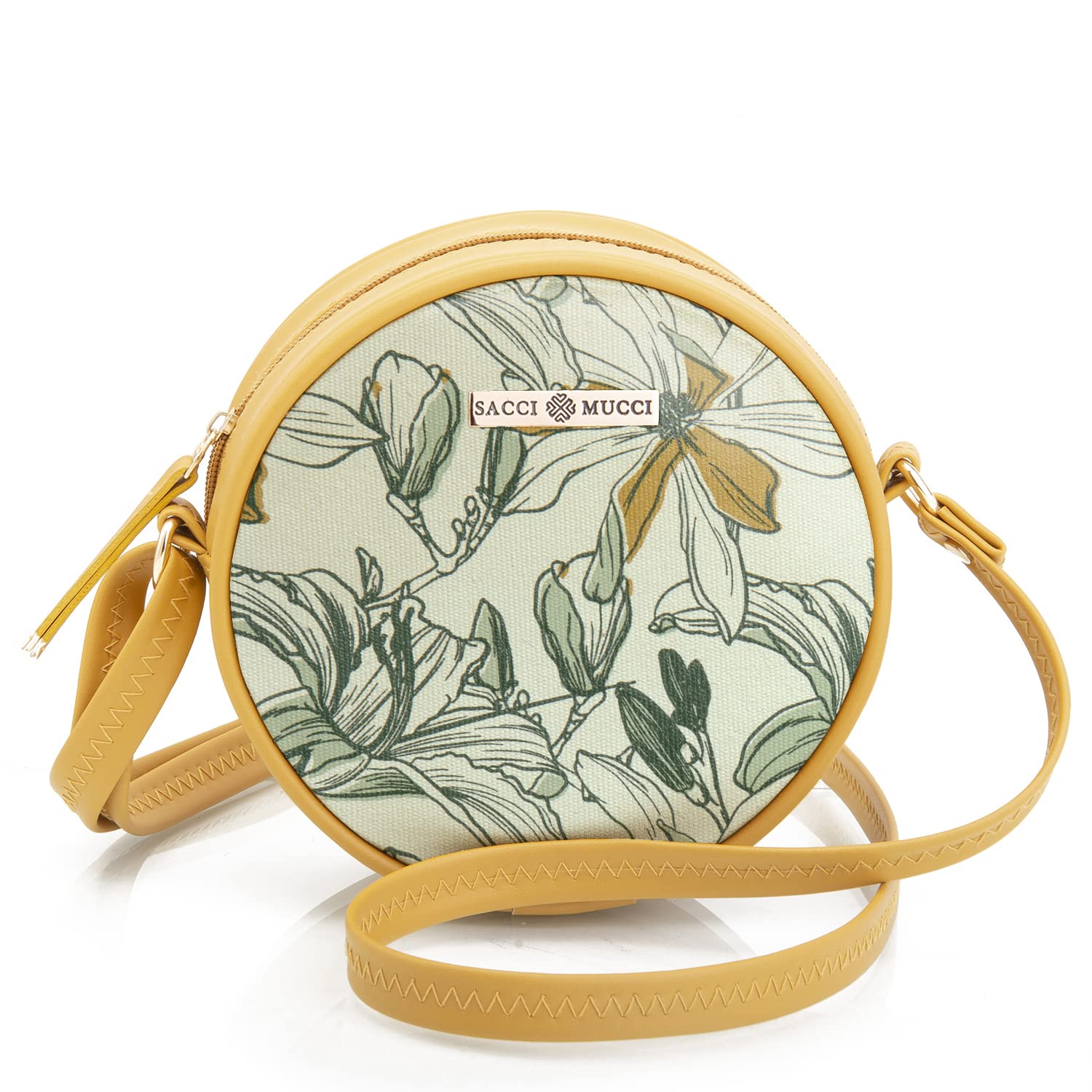 SACCI MUCCI Womens Round Sling Bag - Magnolia Floral Print (Mustard) (B0C1VYWR9X) Amazon Price History, Amazon Price Tracker