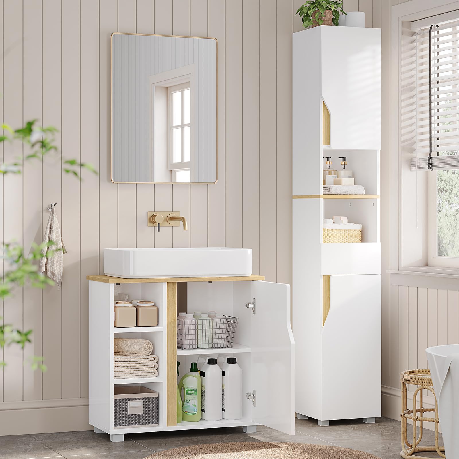 Waschbeckenunterschrank, Badezimmerschrank mit 3 offene Fächer & Höhenverstellbare Ablagen, Badezimmer-Unterschrank mit Füßen, Freistehend Badschrank Unterschrank, weiß, 60 x 30 x 60 cm