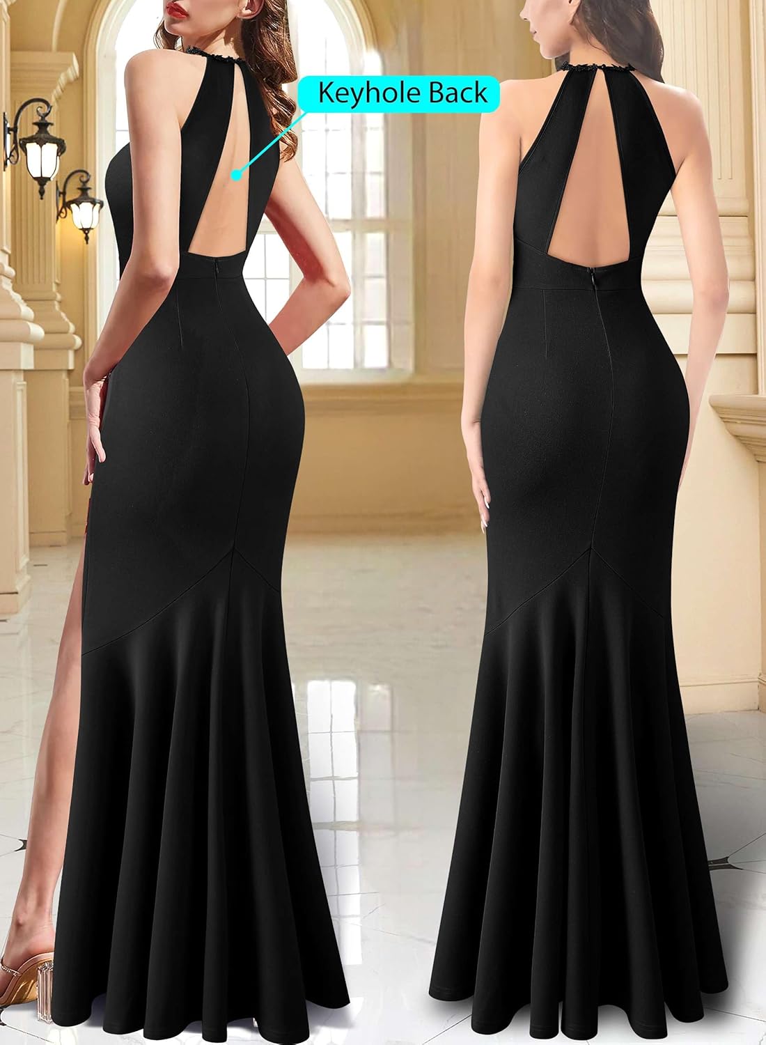 VFSHOW Womens Formal Illusion Halter Keyhole Back Prom High Slit Maxi Dress Wedding Guest Applique Twist Front Evening Gown - Image 2