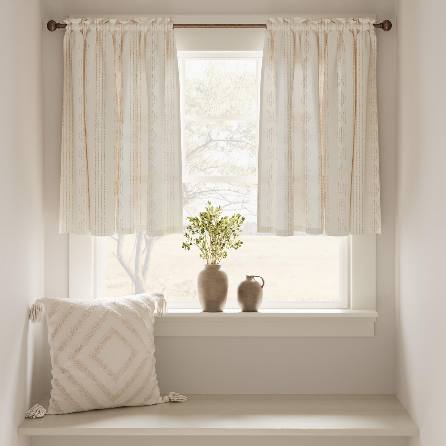 TOPICK Boho Linen Blend Kitchen Curtains 36 Inch Drop Small Cafe Curtains Light Filtering Tier Curtain for Bathroom RV Baset Sink Cupboard Rod Pocket Taupe on Beige 2 Panels - Image 3